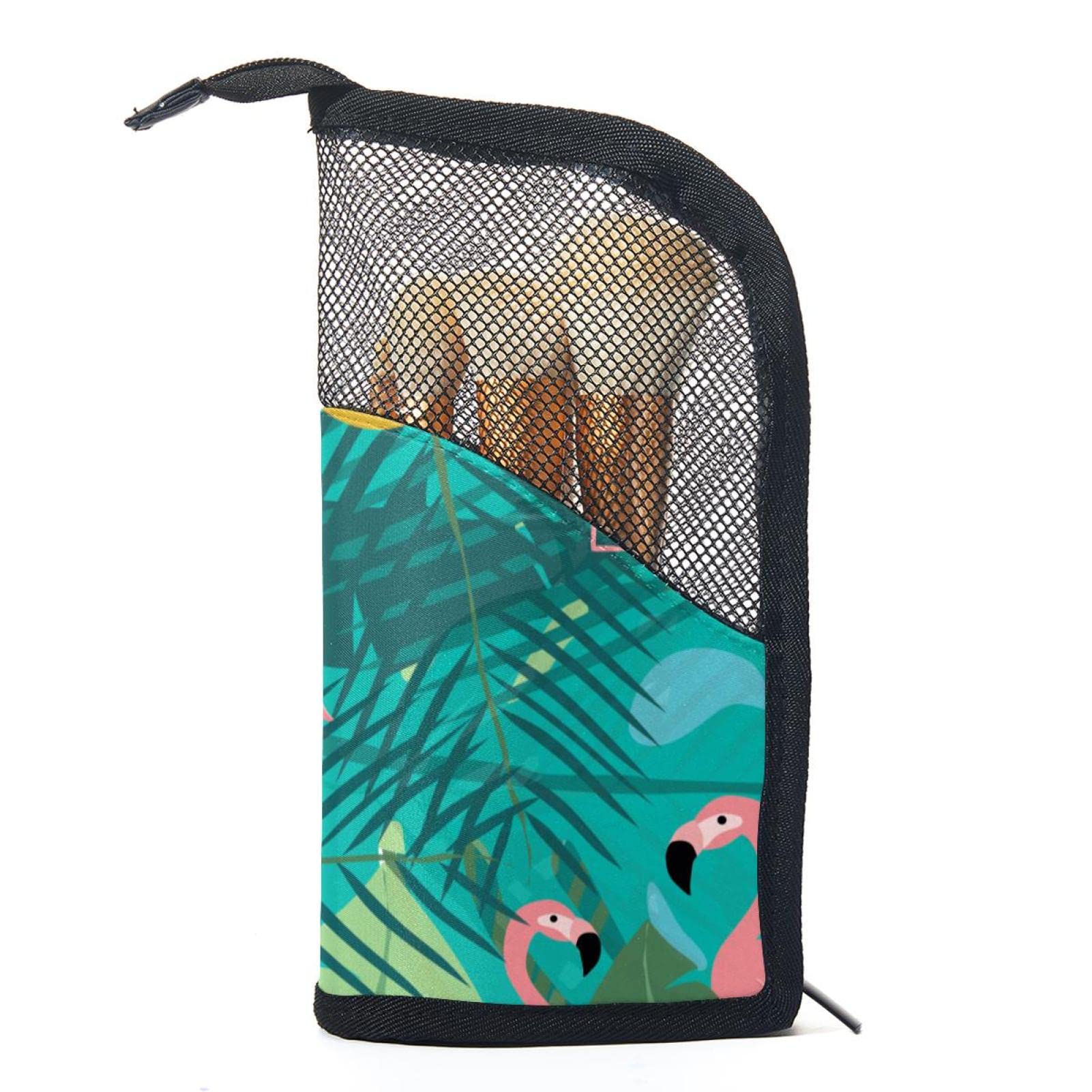 Portable Makeup Brush Organizer Bag with 12 Slots - Tropical Leaves & Flamingo Design - Travel-Friendly Cosmetic Brush Holder Case for Home, Travel & Professional Makeup Artists