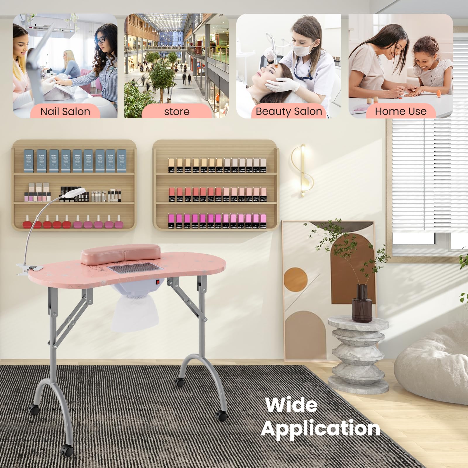 35-inch Foldable Portable Nail Salon Table with Electric Dust Collector & Adjustable LED Lamp - Professional Manicure Station for Nail Technicians with 4 Lockable Wheels & Carry Bag - Perfect for Home Salons, Mobile Services & Beauty Studios