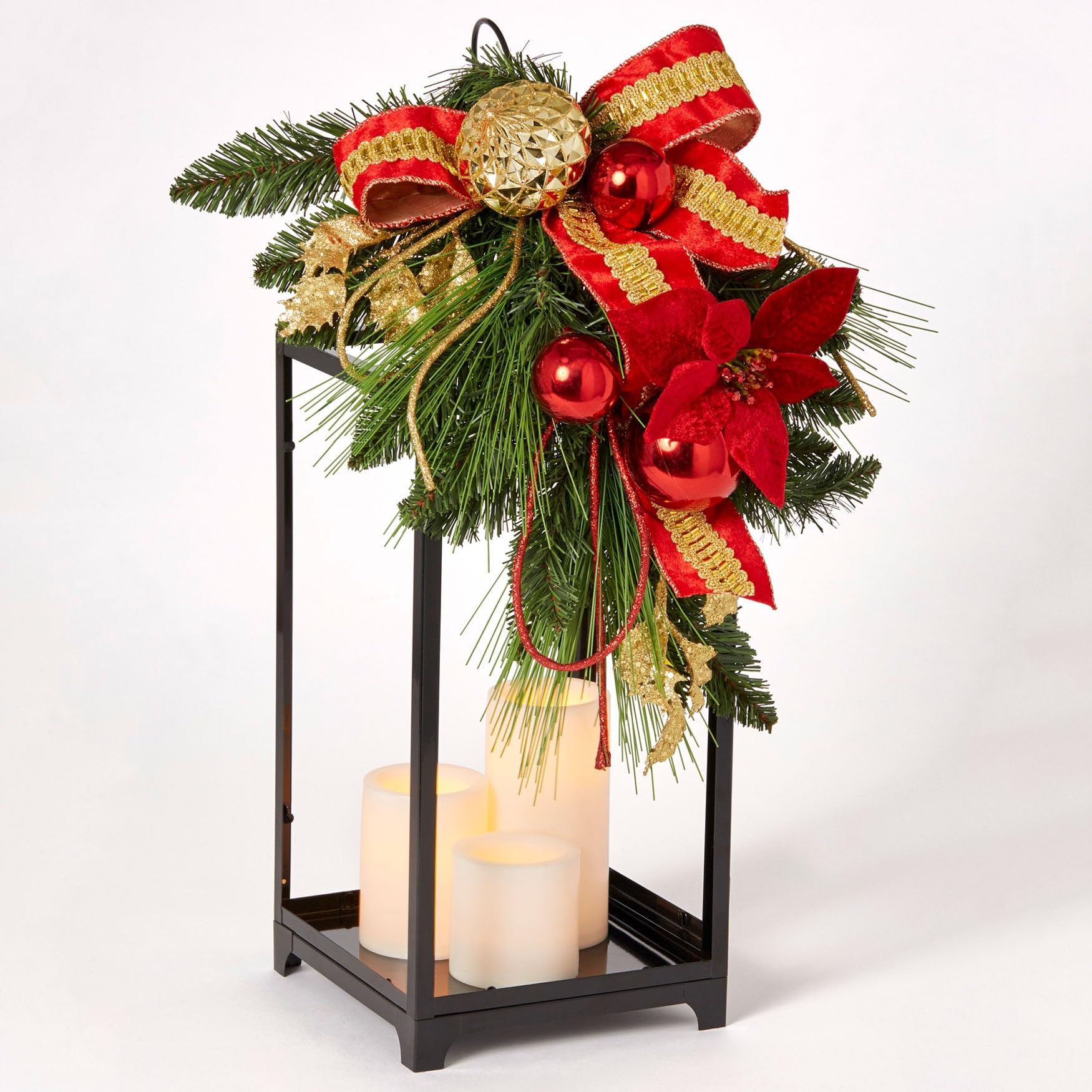 BrylaneHome 22 Inch Red Ribbon Lantern with LED Candles - Decorative Hanging Lantern for Patio, Garden, Wedding & Holiday Decor