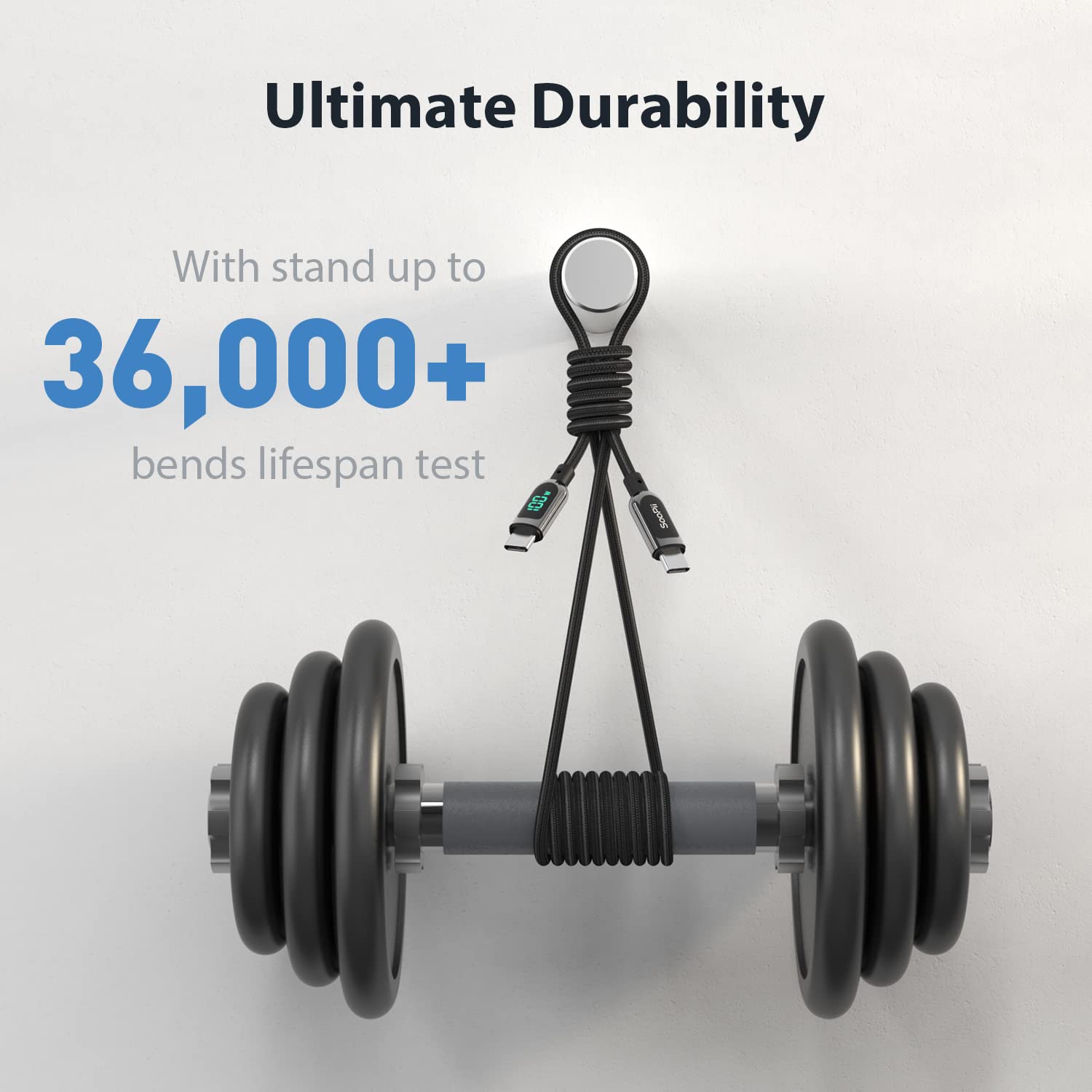SOOPII 100W 6.6ft USB C to USB C Fast Charging Cable - Nylon Braided with LED Display - Compatible with iPhone 15/15 Pro/15 Plus, iPad Air, MacBook Pro, Galaxy S24/S23, Pixel, LG - Perfect for Home, Office & Travel (Black)