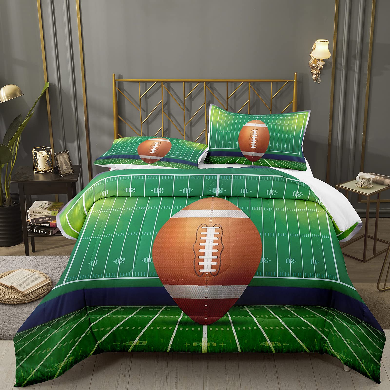 King Size Football Comforter Set for Boys - Green Rugby Field Bedding with Pillowcases | Perfect for Kids' Sports-Themed Bedrooms