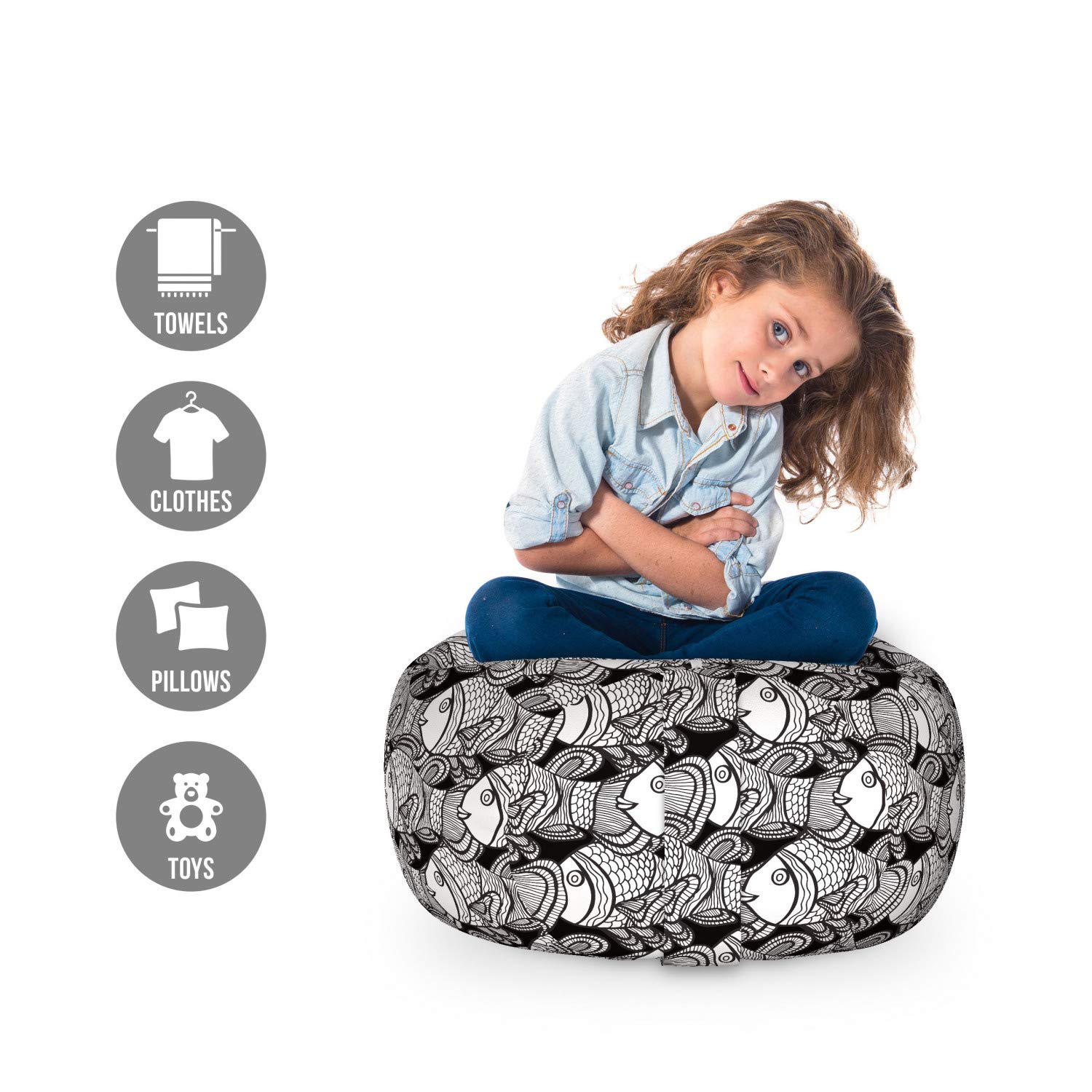 Ambesonne Fish Toy Storage Bag Chair - Monochrome Underwater Illustration with Anemone & Clownfish - Washable Stuffed Animal Organizer - Small Size Black & White - Perfect for Kids' Room, Nursery, or Playroom Organization