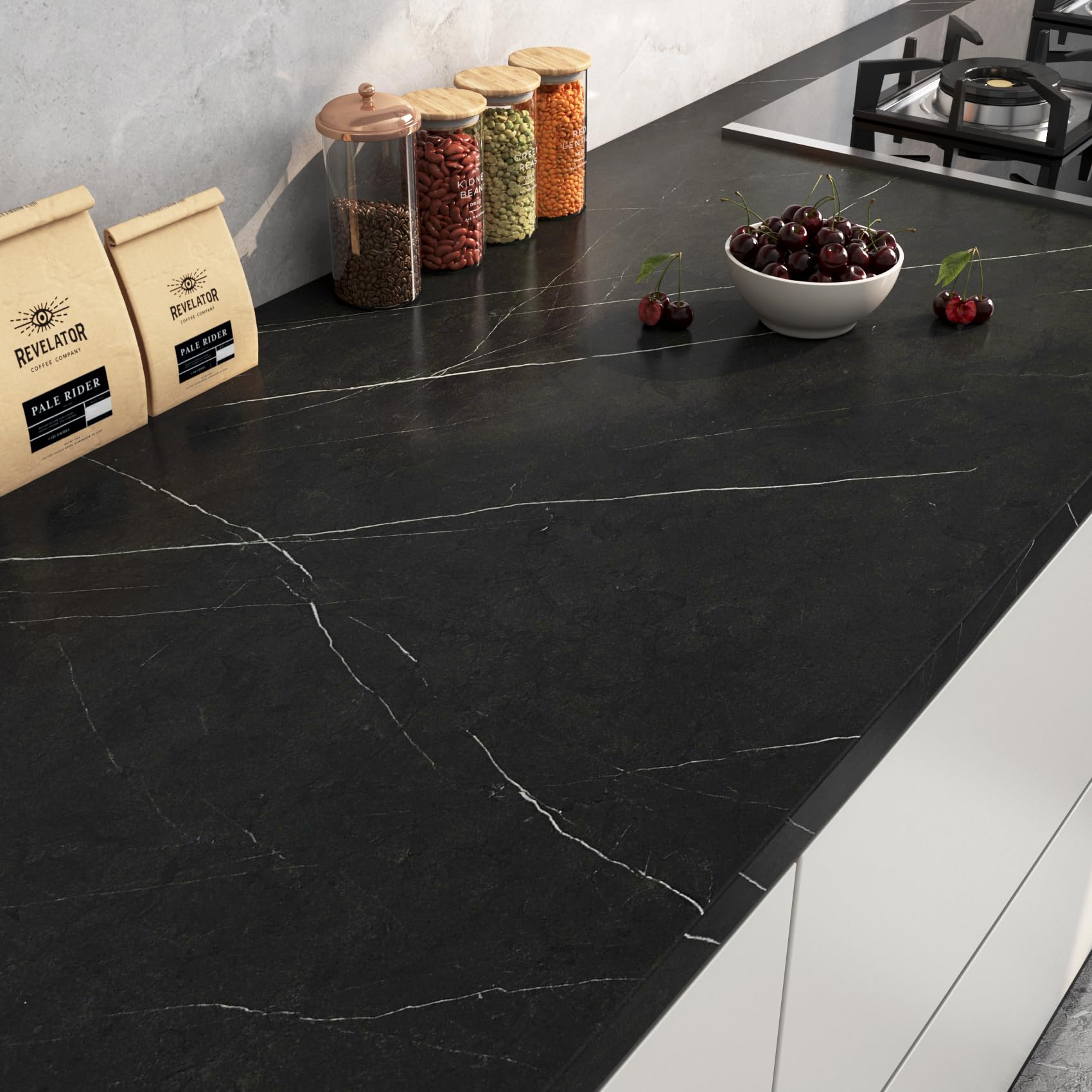 FunStick Black Marble Contact Paper - Waterproof Peel & Stick Self-Adhesive Wallpaper for Countertops, Kitchen Cabinets, Bathroom, Desks (12