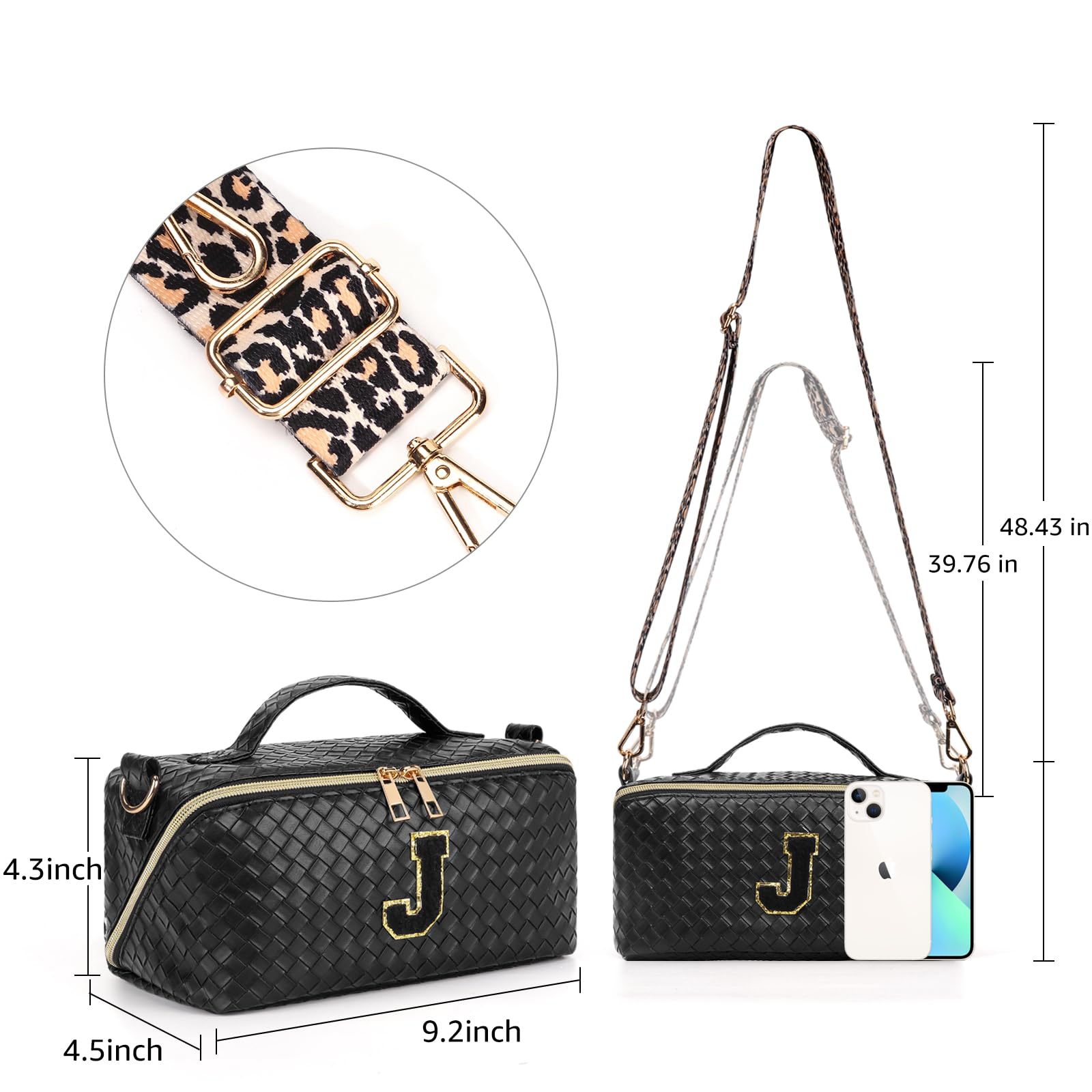 **Personalized Travel Makeup Bag with Strap - Large Capacity Cosmetic Organizer for Women & Girls, Portable Crossbody Toiletry Pouch (Black, Monogram M) - Perfect for Vacations, Gym & Daily Essentials**