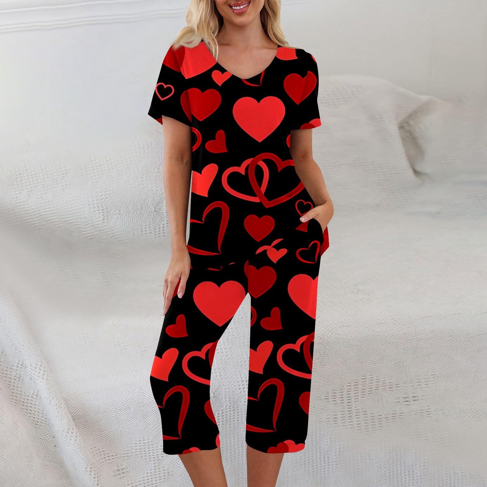 Valentine's Day Pajamas for Women - Cute Heart Print Sleepwear Set, Short Sleeve Top & Pants, 2-Piece Lounge Outfit | Perfect for Valentine's Gifts, Anniversary, Romantic Nights & Cozy Sleepwear