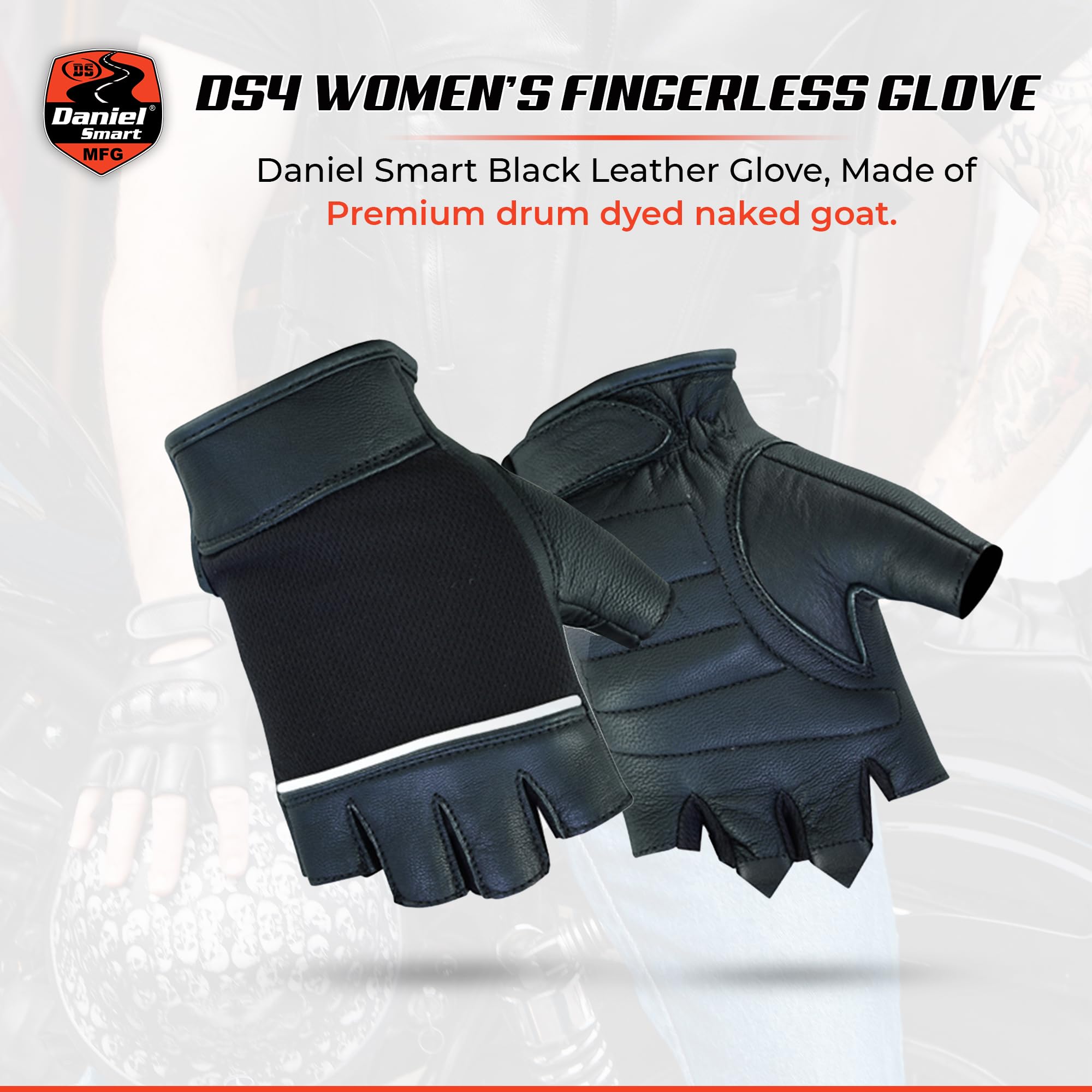 Daniel Smart Deerskin Leather Fingerless Motorcycle Gloves for Women - Gel Palm Padding, Reflective Piping & Adjustable Wrist Strap - Perfect for Riding, Biking & Outdoor Adventures
