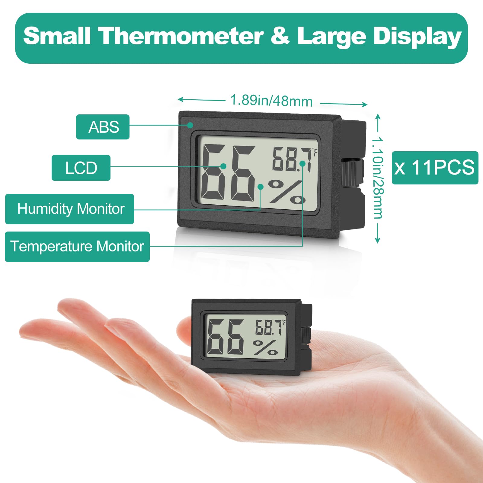 11-Pack Mini Digital Thermometer Hygrometer - Indoor Room Temperature & Humidity Monitor with Large LCD Display (Fahrenheit) - Perfect for Greenhouse, Home, Reptile Tanks, Humidors, Office & Garden Use