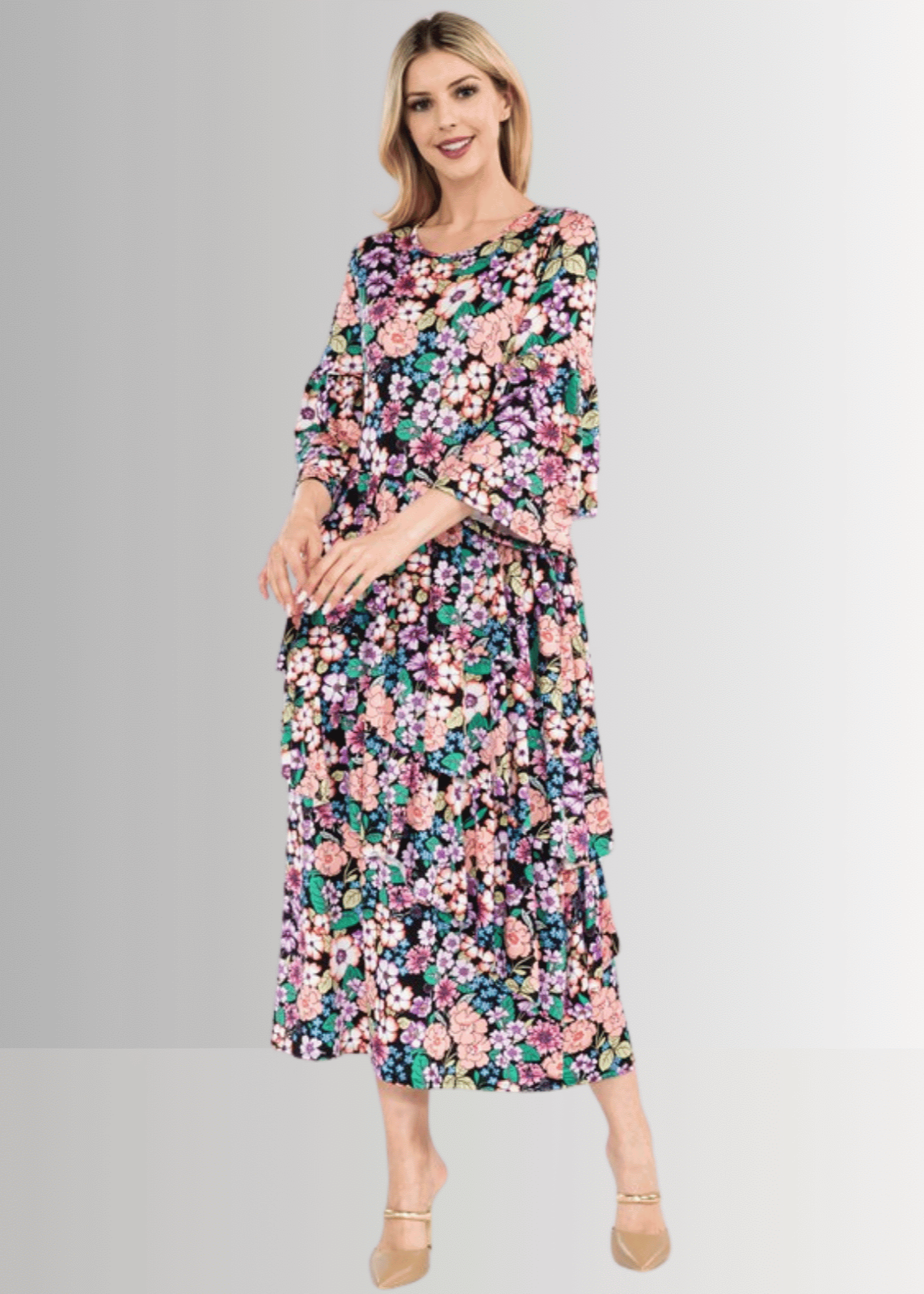 Blooming Sensation Floral Dress for Women - Summer Flowy Maxi Dress with V-Neck & Ruffle Sleeves - Perfect for Beach Vacation, Garden Party & Date Night