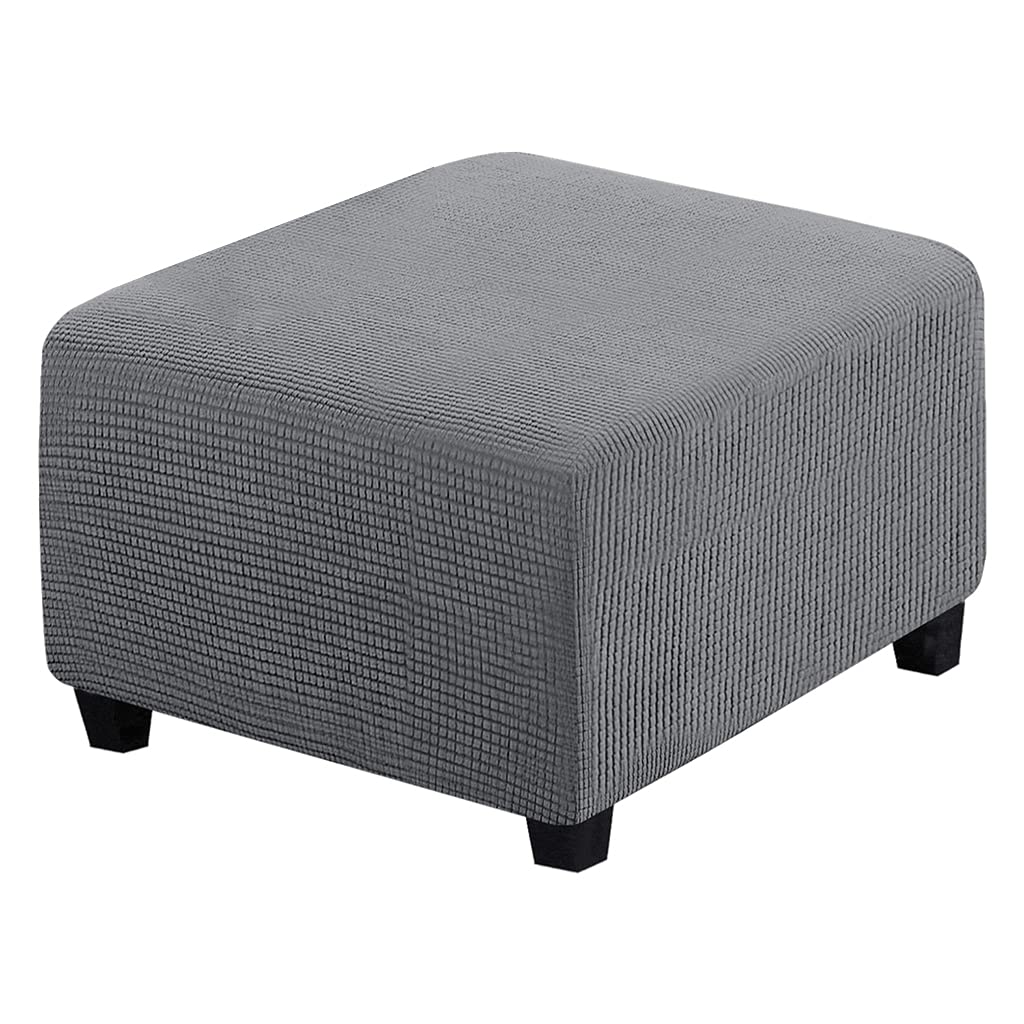 Premium Jacquard Polyester Ottoman Slipcover - Gray Square Storage Footrest Cover with Small Checks | Durable & Stylish for Living Room, Bedroom & Office