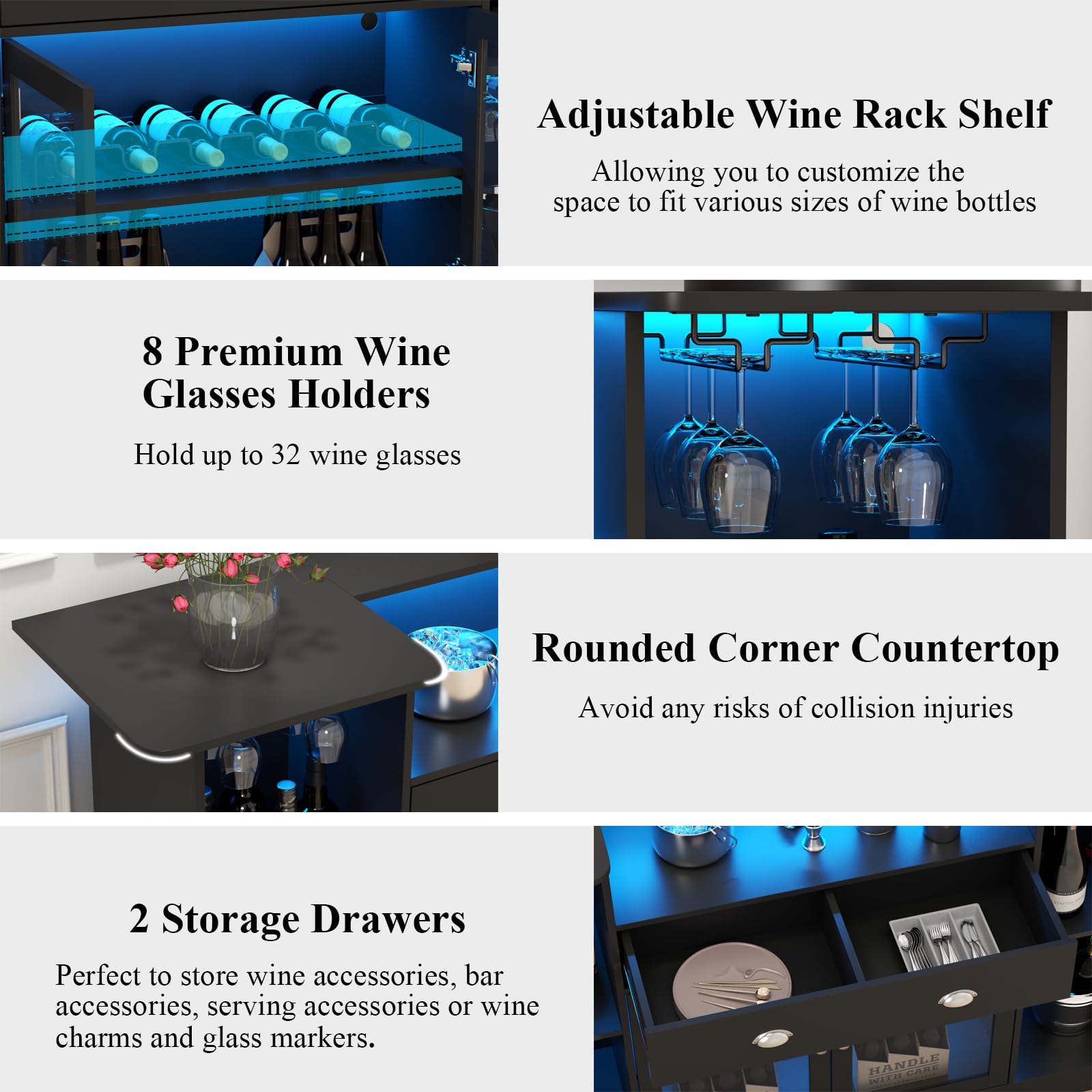Premium Loomie LED Bar Table Cabinet with Drawer - 8-Tier Storage Mini Liquor Bar with Stemware Holder & Adjustable Wine Rack - Crescent Shaped Glass Door Counter for Home Pub, Kitchen, Living Room or Man Cave