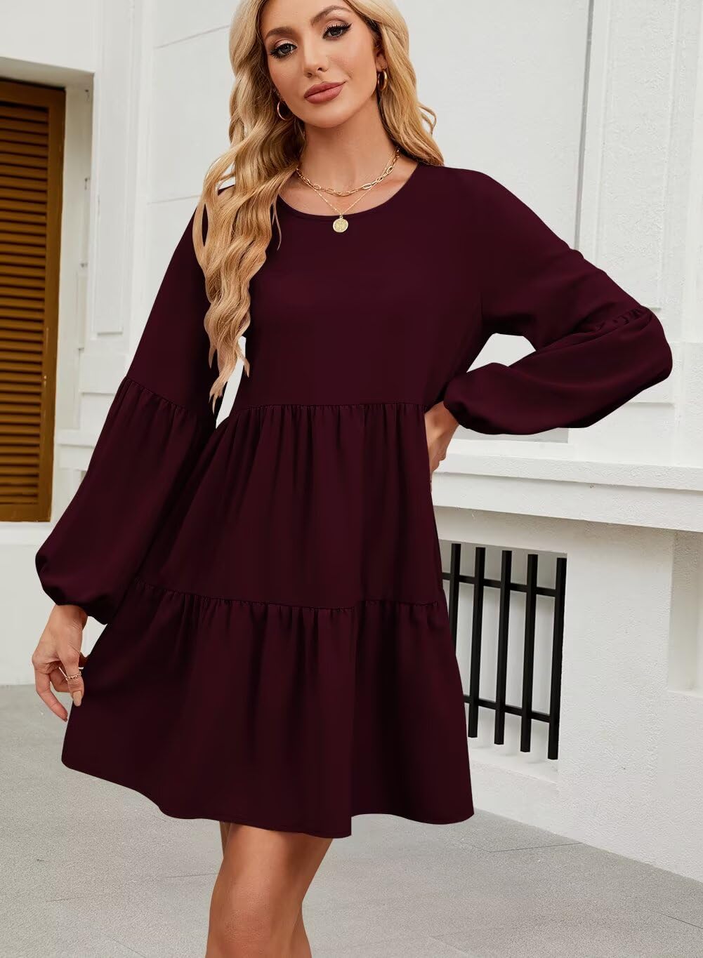QACOHU Women's Summer Babydoll Dress 2025 - Spring Crew Neck Long Sleeve Loose Flowy Swing Tunic Mini Dress for Casual Outings & Beach Vacations