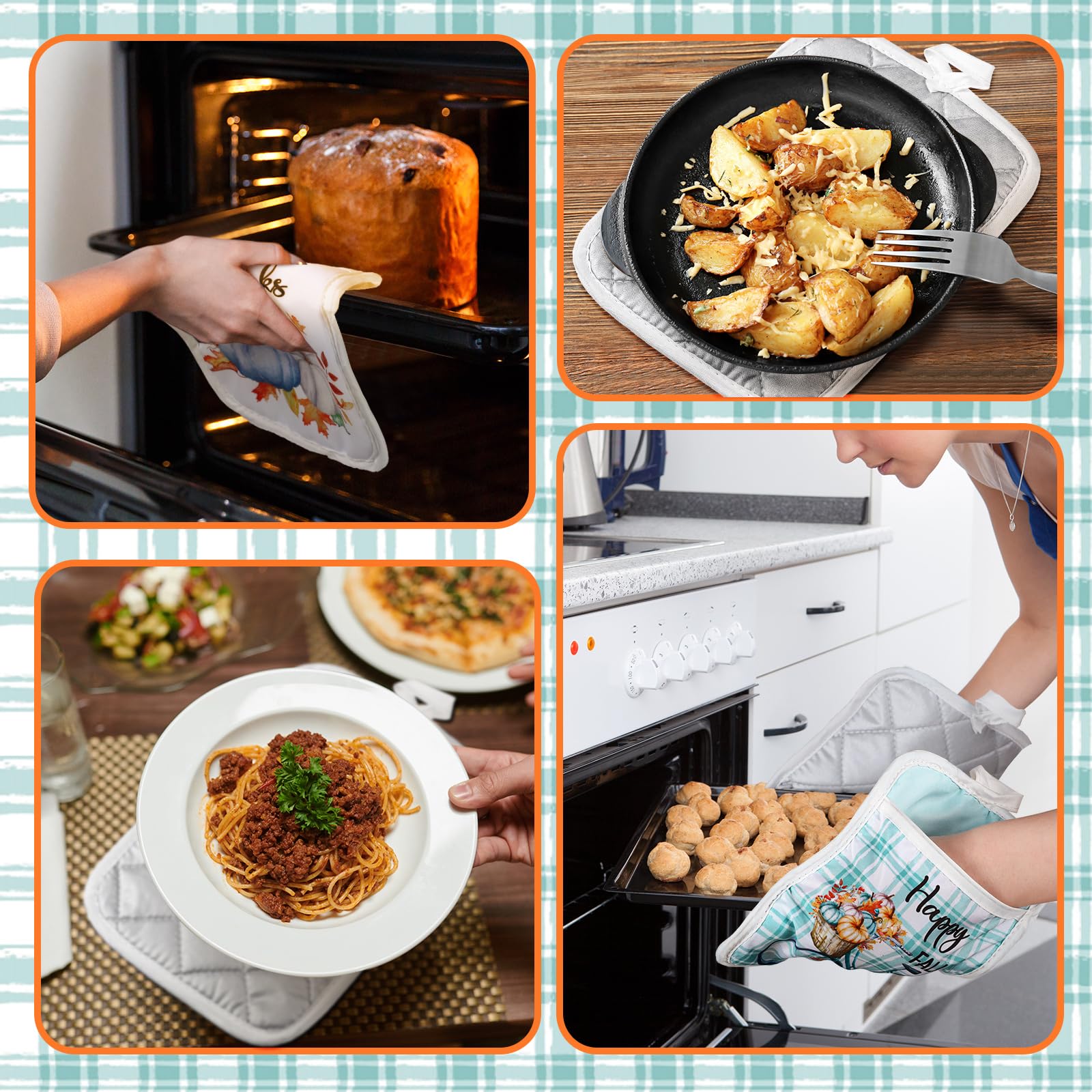 12 Pcs Thanksgiving Pot Holders with Pocket - Blue Pumpkin Kitchen Hot Pads, Oven Mitts & Cookie Bags - Heat Resistant Farmhouse Oven Gloves for Baking, Cooking - Perfect for Fall Gifts & Autumn Home Decor