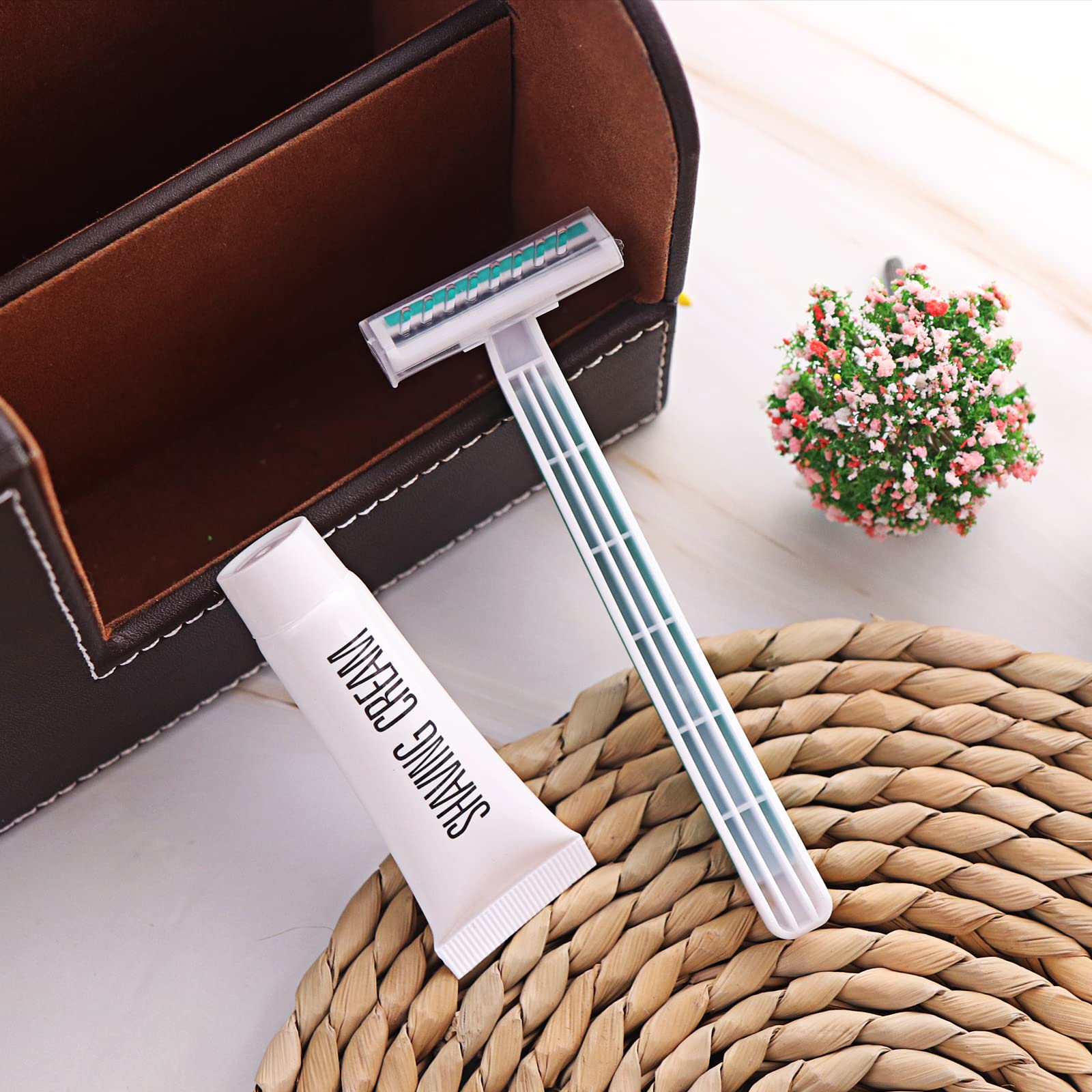 Bulk Disposable Twin Blade Razors - 50 Individually Wrapped Green Razors with Safety Cap & Shaving Cream | Ideal for Hotels, Airbnb, Shelters, Travel & Homeless Care Kits