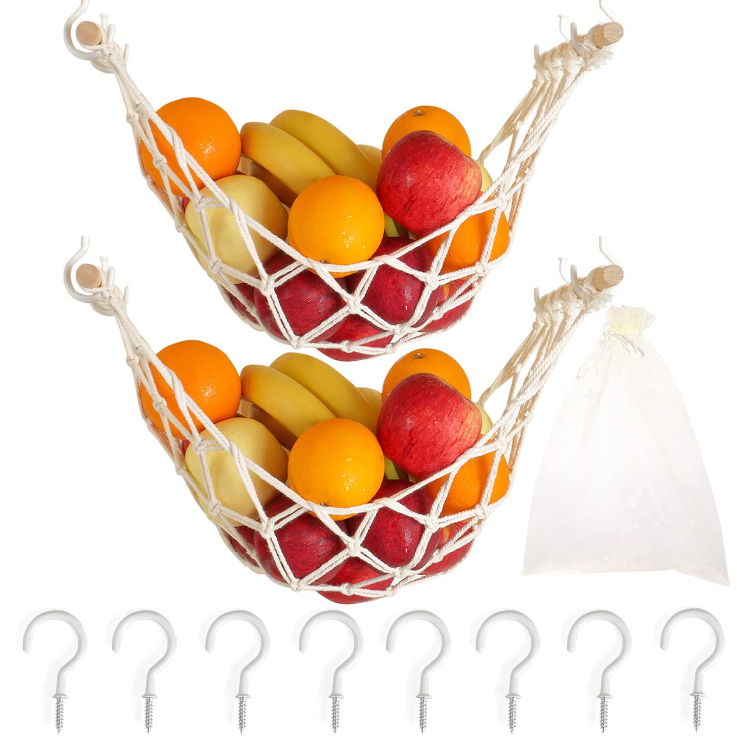 Macrame Fruit Basket for Kitchen - Under Cabinet Hanging Fruit Hammock with Hooks for Bananas, Apples & Produce Storage | Space-Saving Kitchen Décor for Pantry & Countertop Organization