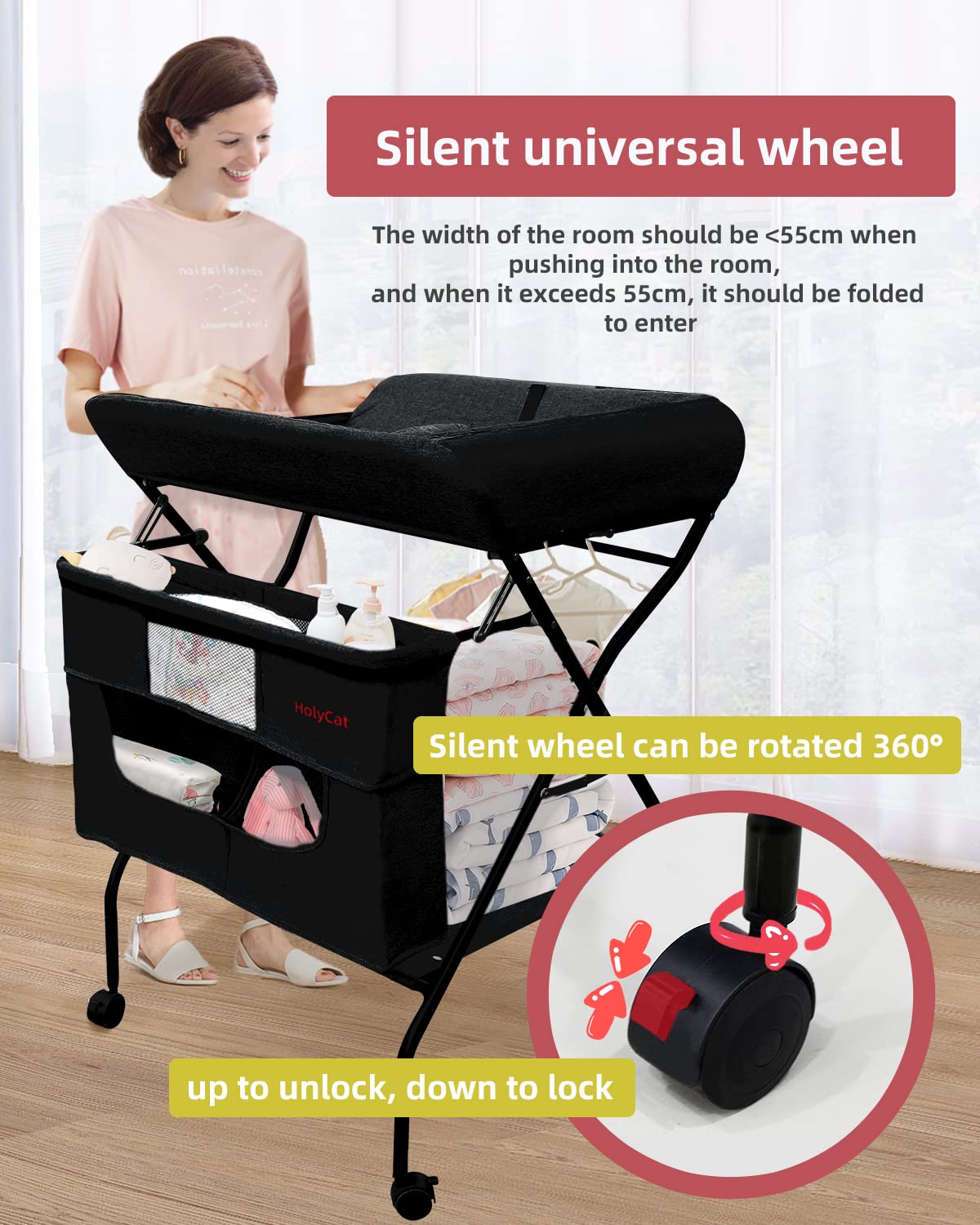Portable Baby Changing Table with Wheels - Adjustable Height Folding Diaper Station, Mobile Nursery Stand with Storage Rack for Newborns - Lightweight & Sturdy (Black) | Perfect for Nursery, Bedroom, and Travel Use