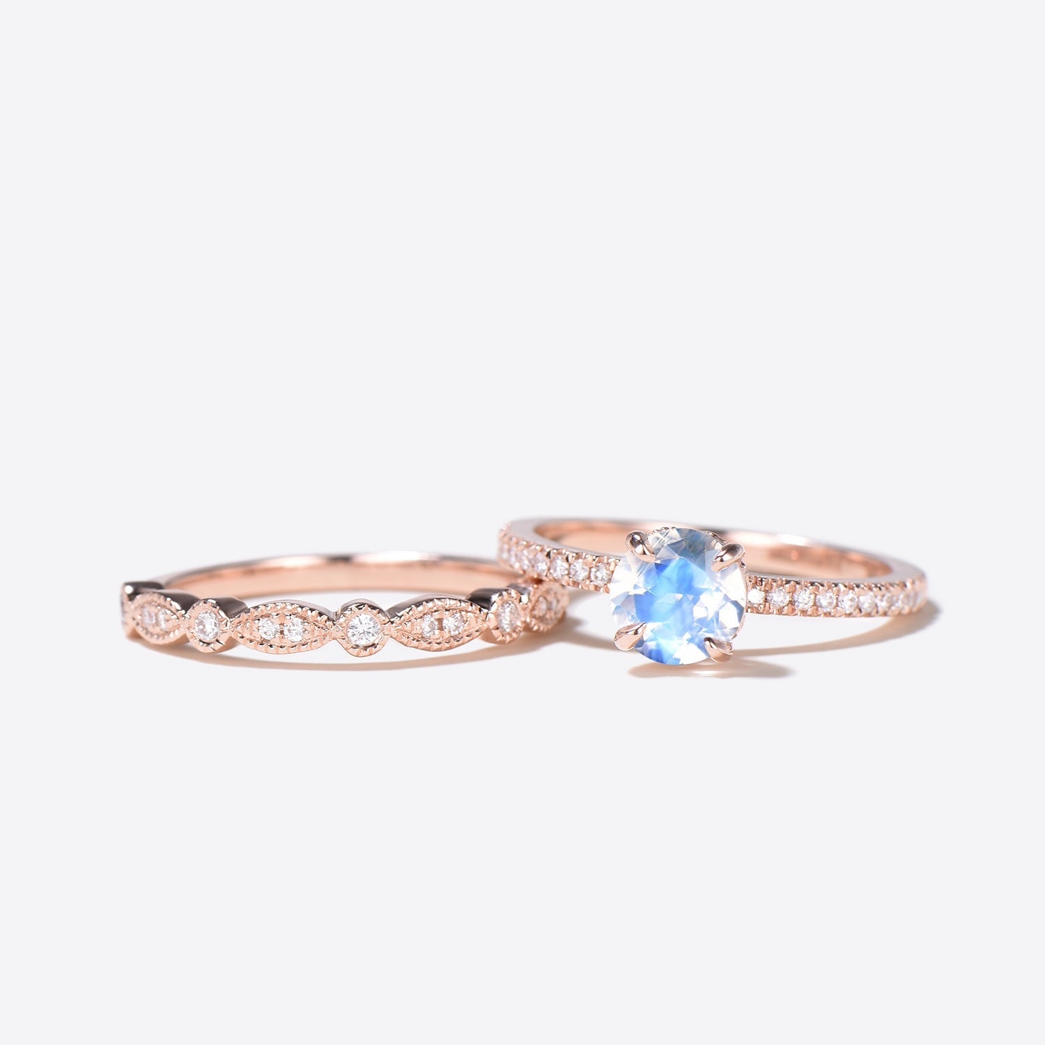 Vintage Rainbow Moonstone Diamond Rose Gold Engagement Ring Set - 2 Piece Bridal Jewelry for Wedding, Proposal & Anniversary Gifts