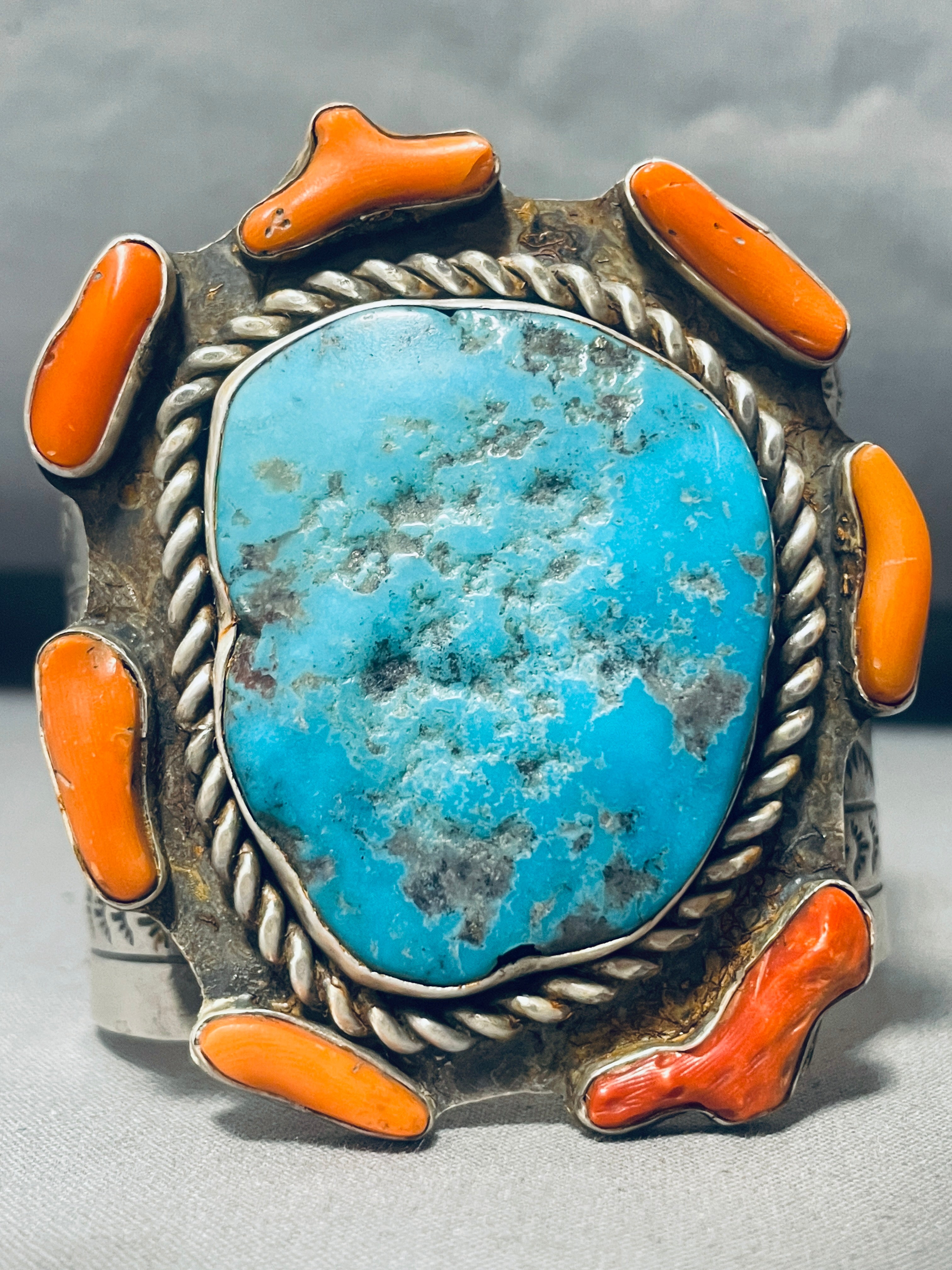 147g Genuine Native American Navajo Turquoise & Coral Sterling Silver Bracelet - Handcrafted Jewelry for Women, Boho Chic Accessory for Casual & Formal Wear
