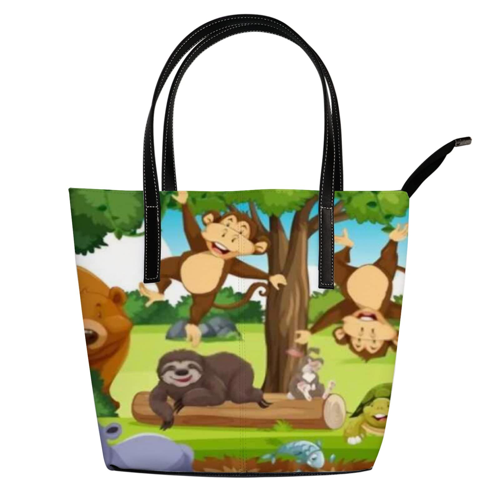 Stylish Green Jungle Animal Print Leather Tote Bag for Women - Cute Cartoon Kawaii Crossbody Handbag with Zipper | Perfect for Work, Travel & Daily Use