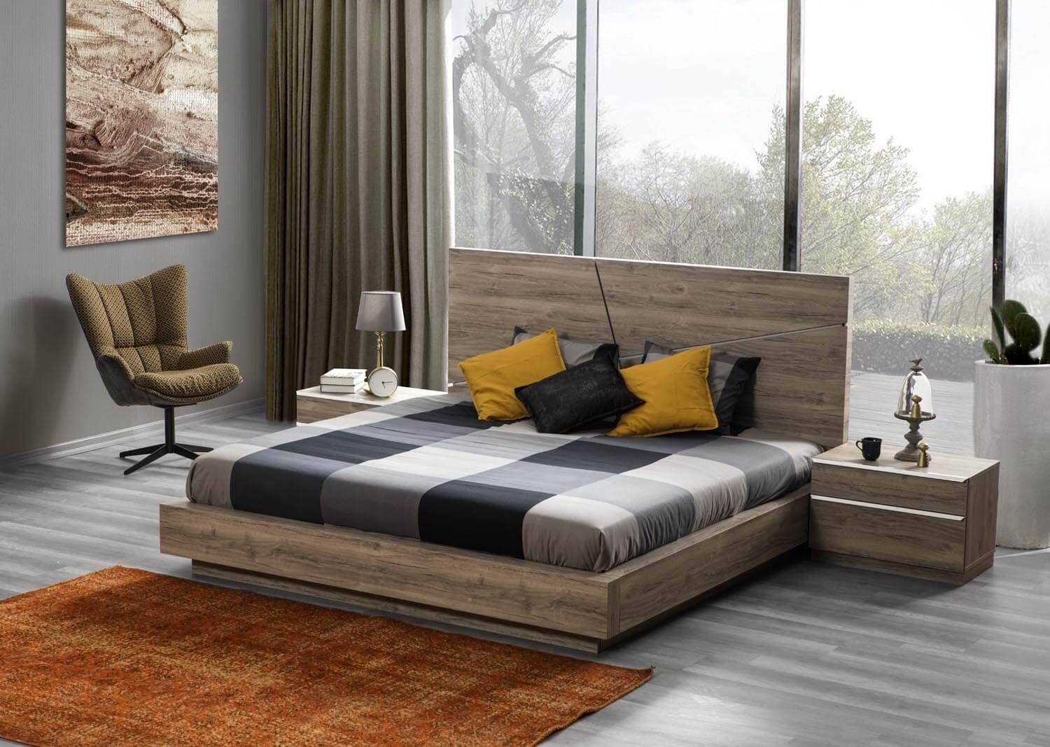 Porto Wood LED Platform King Bedroom Set with 2 Nightstands, Dresser & Mirror in Dawn Brown - Modern Bed Frame with Storage & Lighting for Master Bedroom Decor