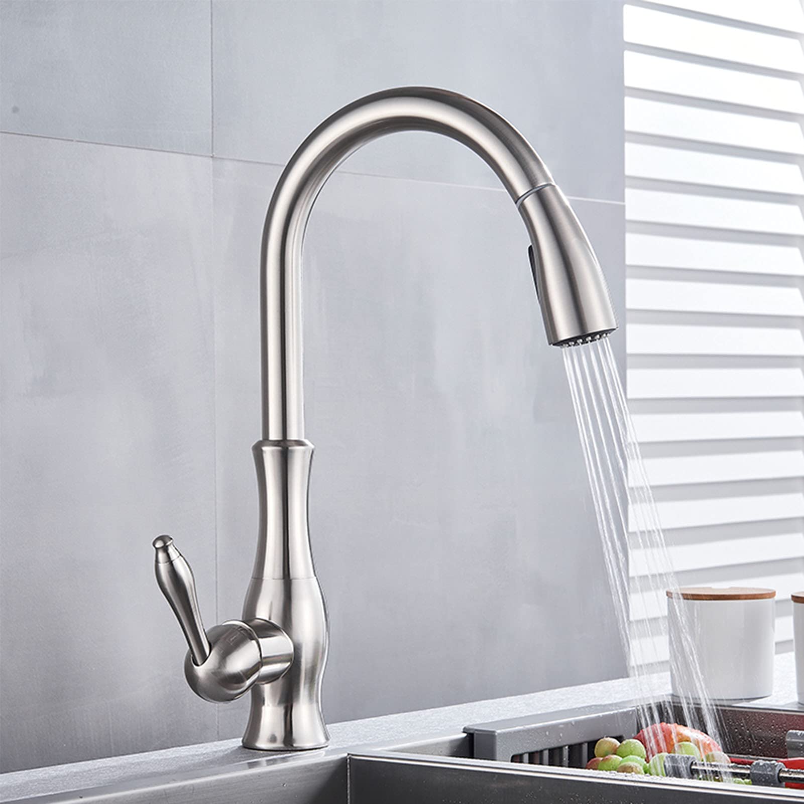 Modern Single Handle Kitchen Faucet with Pull Down Sprayer & 360° Swivel - Brushed Nickel for Easy Cooking