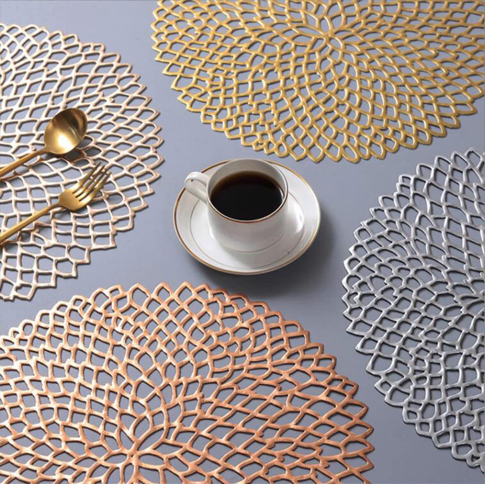Premium Non-Slip PVC Round Placemats Set of 6 - 15 Inch Hollow Charger Placemats for Dining Table Decor (Gold) | Washable & Durable for Wedding, Holiday, Party & Everyday Kitchen Use