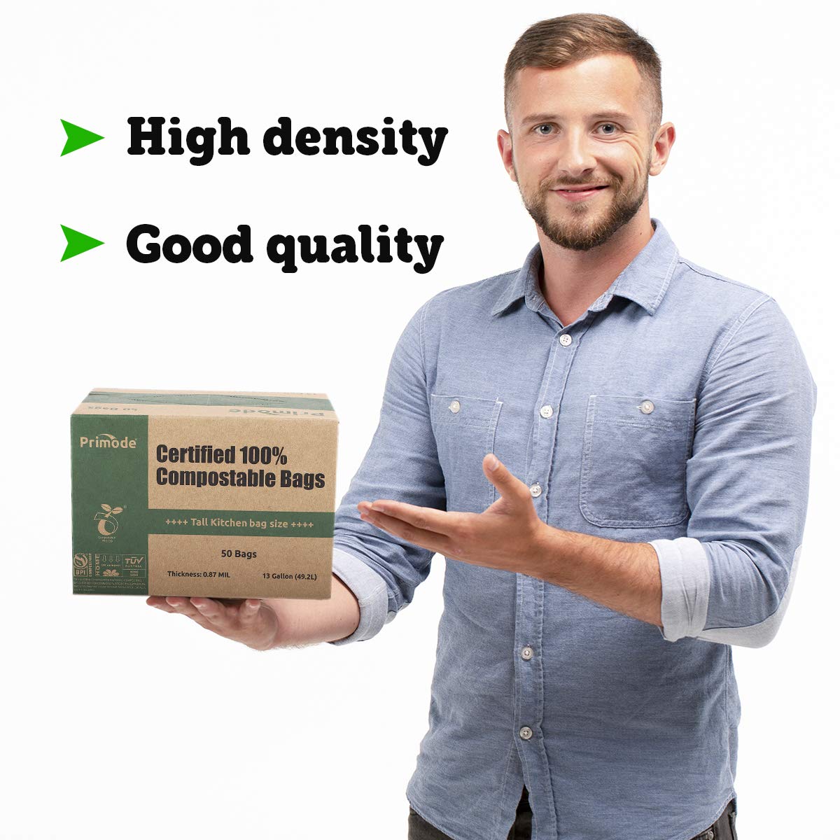 Primode 13 Gallon Compostable Trash Bags - 50 Count, Extra Thick 0.87 Mil Kitchen Waste Bags for Food Scraps & Yard Waste | ASTM D6400 Certified, BPI & TÜV Austria Approved | Ideal for Eco-Friendly Kitchen, Garden & Compost Bin Use