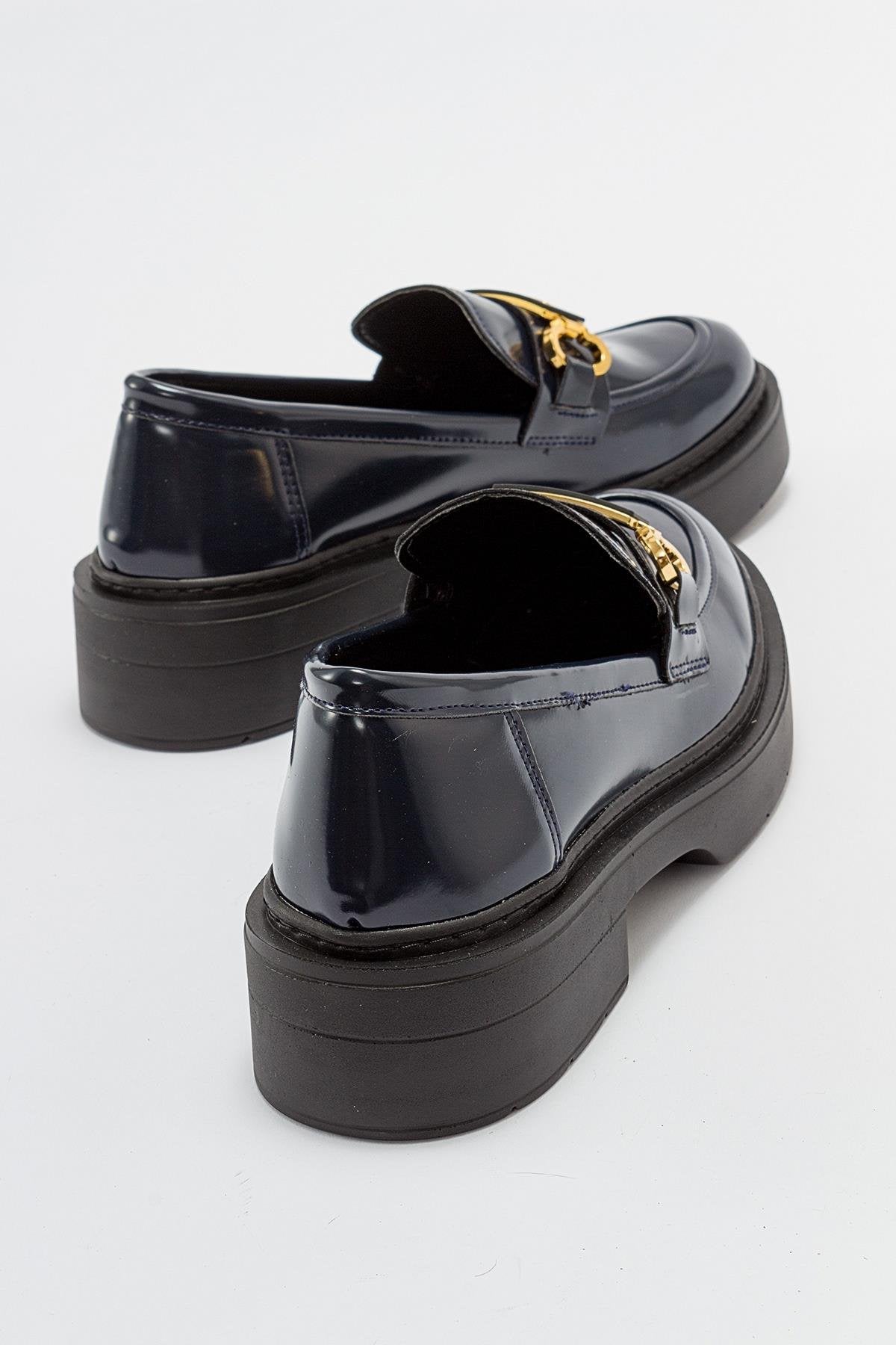 Simone Navy Patent Leather Bit Platform Loafers for Women - Stylish & Comfortable Dress Shoes for Work, Office, and Casual Outfits