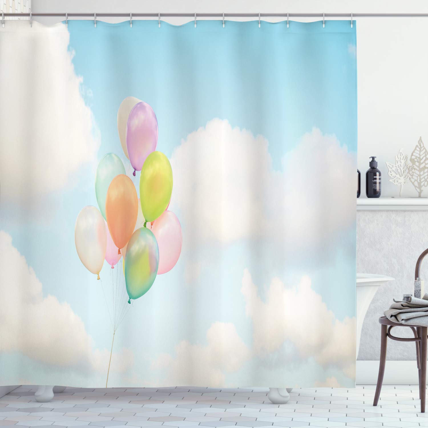 Ambesonne Pastel Balloons Shower Curtain - Colorful Flying Balloons & Clouds Design, 69x84 Inch Waterproof Fabric Bathroom Decor with Hooks - Perfect for Valentine's Day, Weddings & Romantic Bathroom Themes