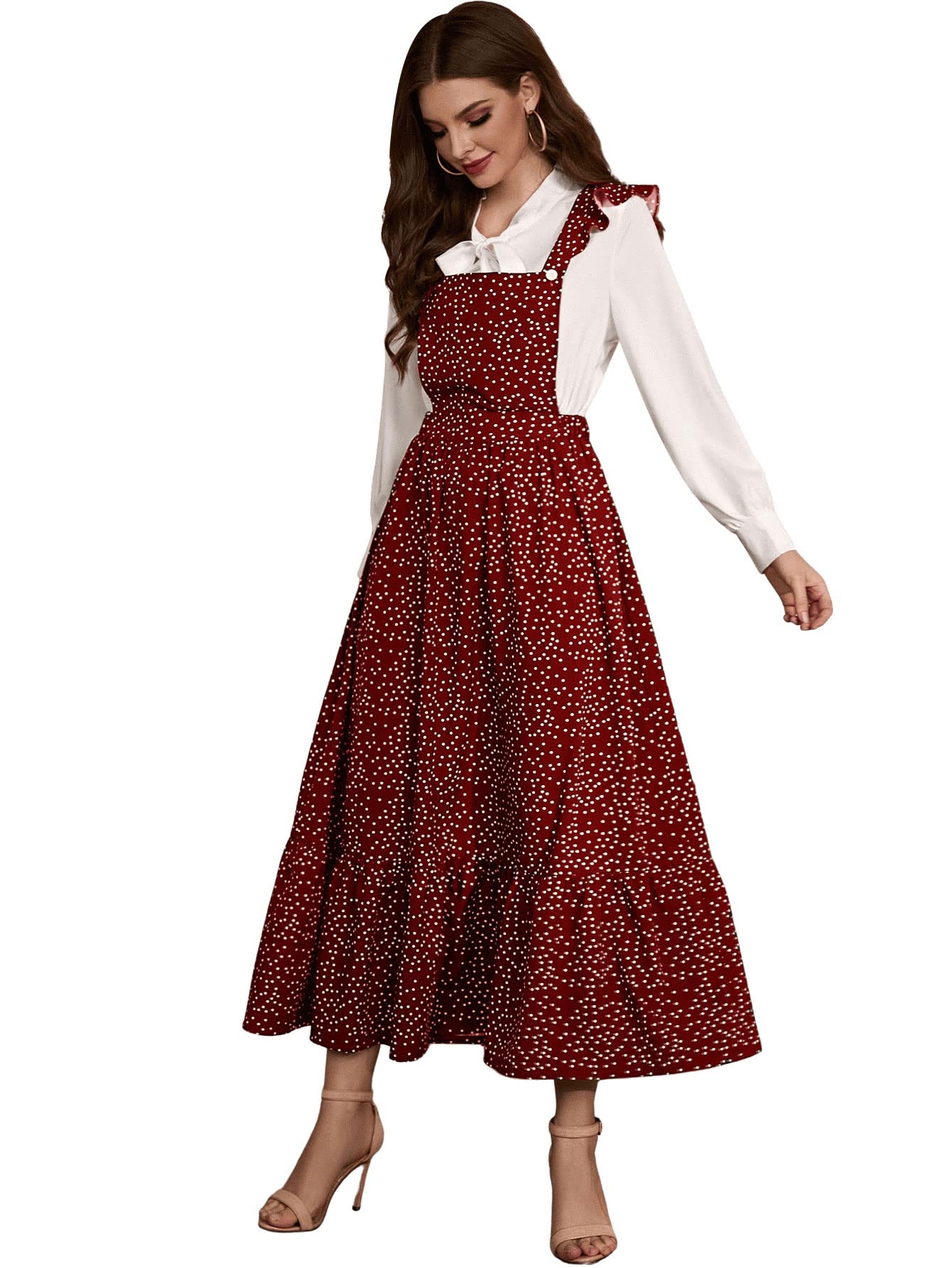 SweatyRocks Women's Polka Dot Print Ruffle Jumpsuit Dress - Flowy Long Pinafore Overalls for Casual Outings, Date Nights & Spring/Summer Fashion