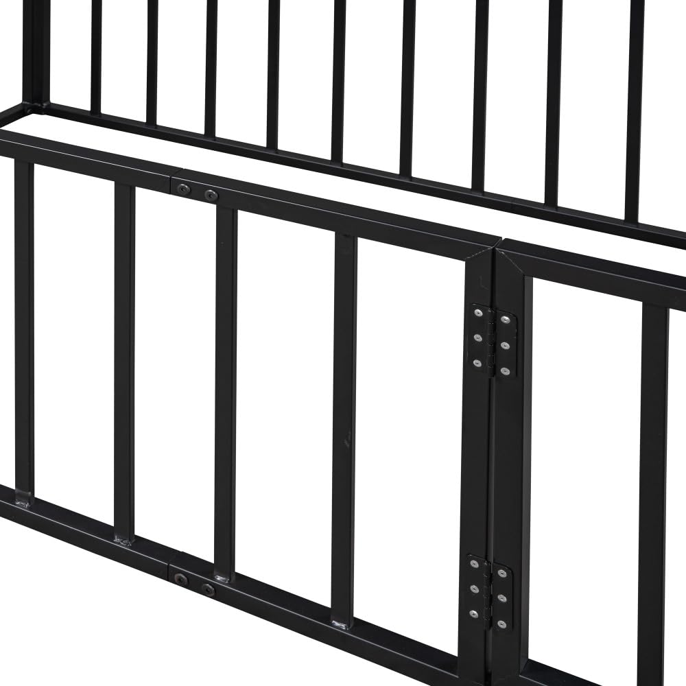 Montessori Twin Floor Bed for Kids - Sturdy Metal Bed Frame with Safety Guardrails & Door, Anti-Collision Cotton Padding for Boys and Girls - No Box Spring Needed - Black - Perfect for Toddler Rooms, Daycare Centers & Montessori Classrooms