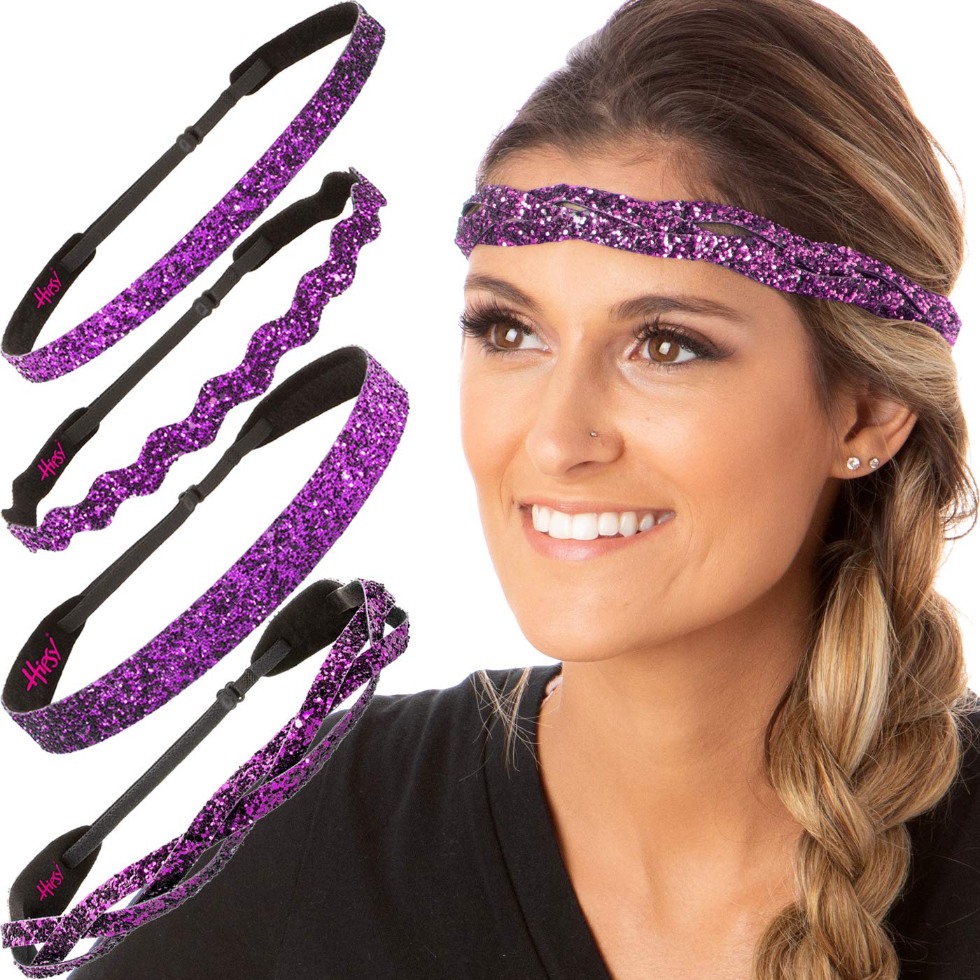 Stylish Plus Size Adjustable No-Slip Sparkly Bling Headbands for Women & Teens - 4 Pack Glitter Hair Accessories (Fuchsia) - Perfect for Workouts, Parties & Everyday Wear