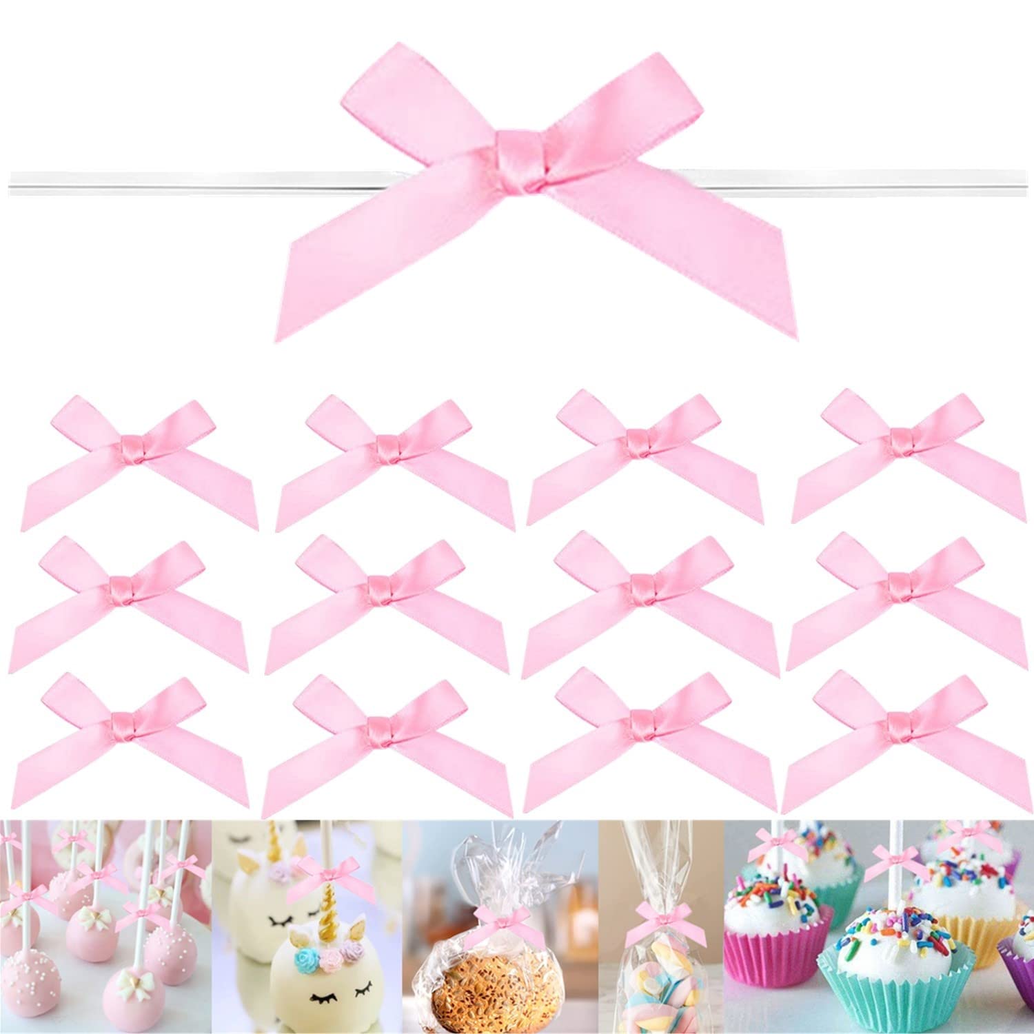 100 PCS 3 Inch Pink Satin Twist Bows for Treat Bags - Pre-Tied Wire Ribbon Bows with Twist Ties - Perfect for Gift Bags, Popcorn Bags, Cookie Bags & Party Favors - Elegant Decoration for Weddings, Baby Showers & Birthday Parties