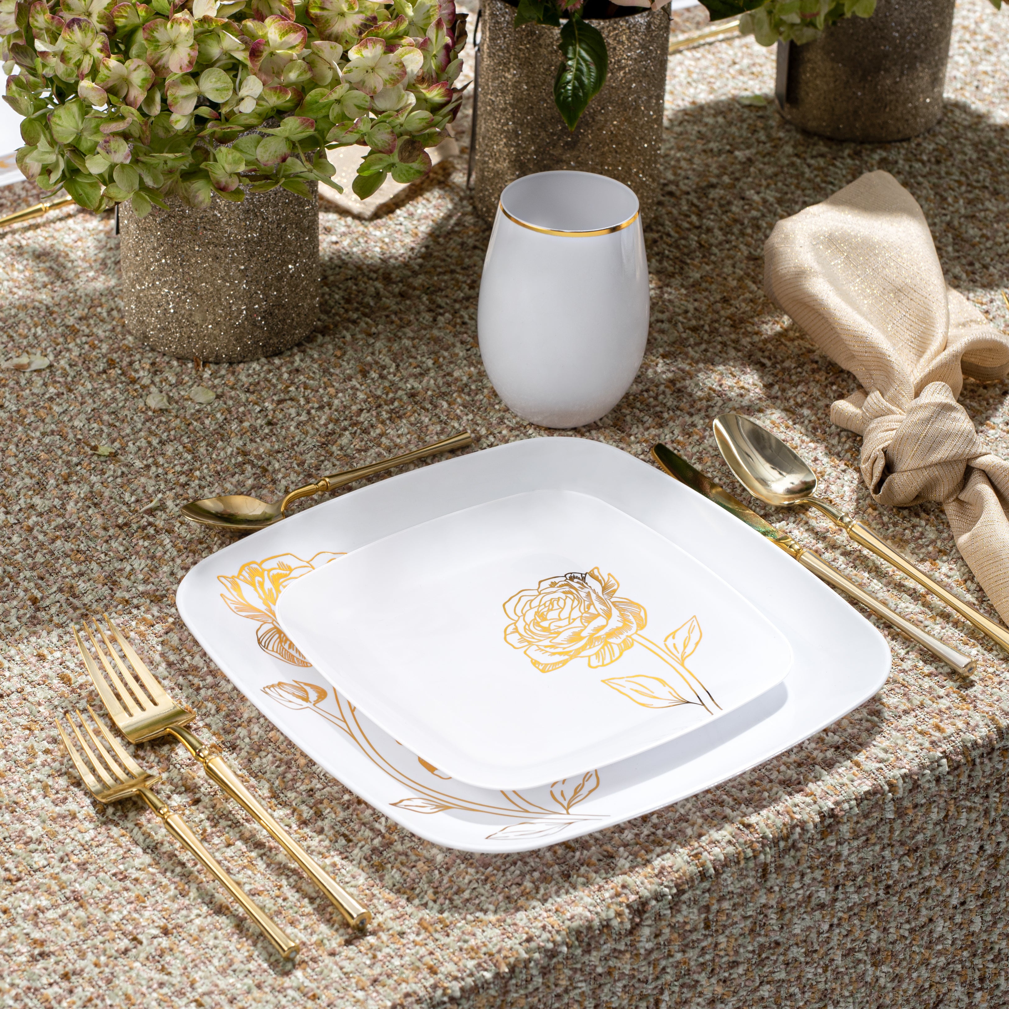 32-Piece White and Gold Square Plastic Dinnerware Set - Elegant Disposable Tableware for 16 Guests - Perfect for Weddings, Parties, and Outdoor Events