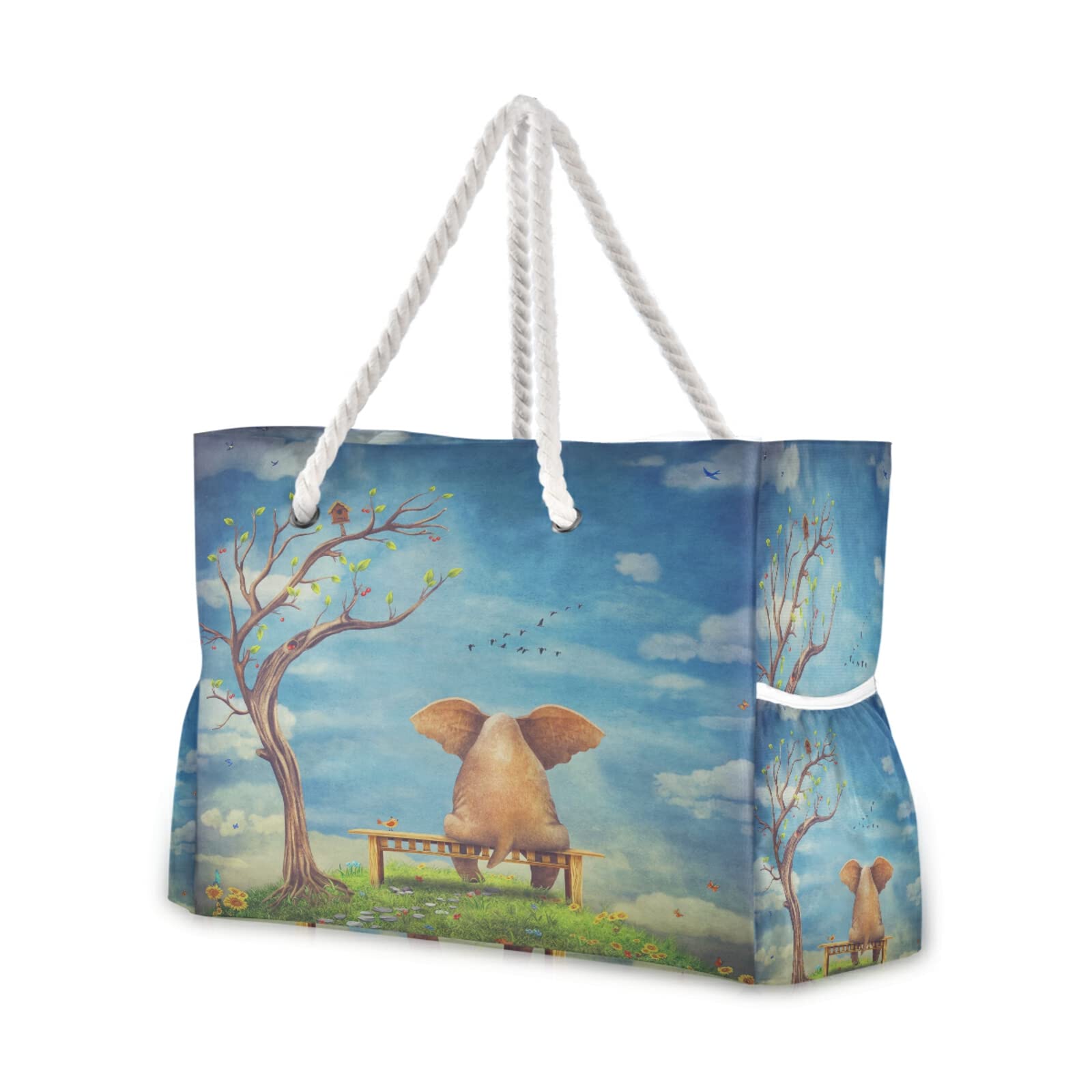 ALAZA Sad Elephant Tree Bird Tote Bag - Large Beach Bag with Rope Handles for Shopping, Groceries, Travel & Outdoor Activities | Perfect for Picnics, Farmers Markets & Beach Days