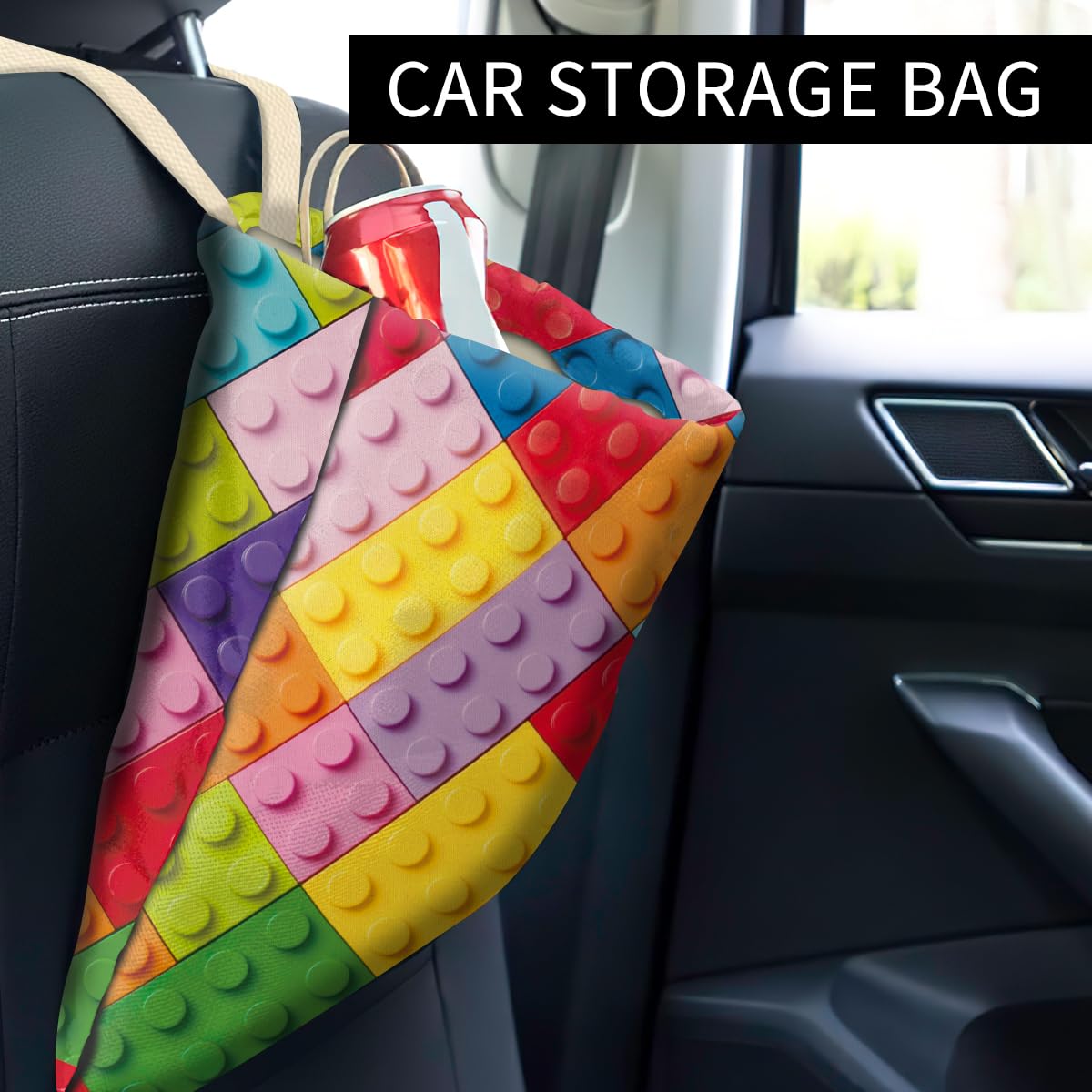 Colorful Car Trash Can with Hanging Storage Organizer - Leakproof Auto Garbage Bin for Vehicle, Travel & Camping - Perfect for Road Trips, Family Outings and Daily Commute