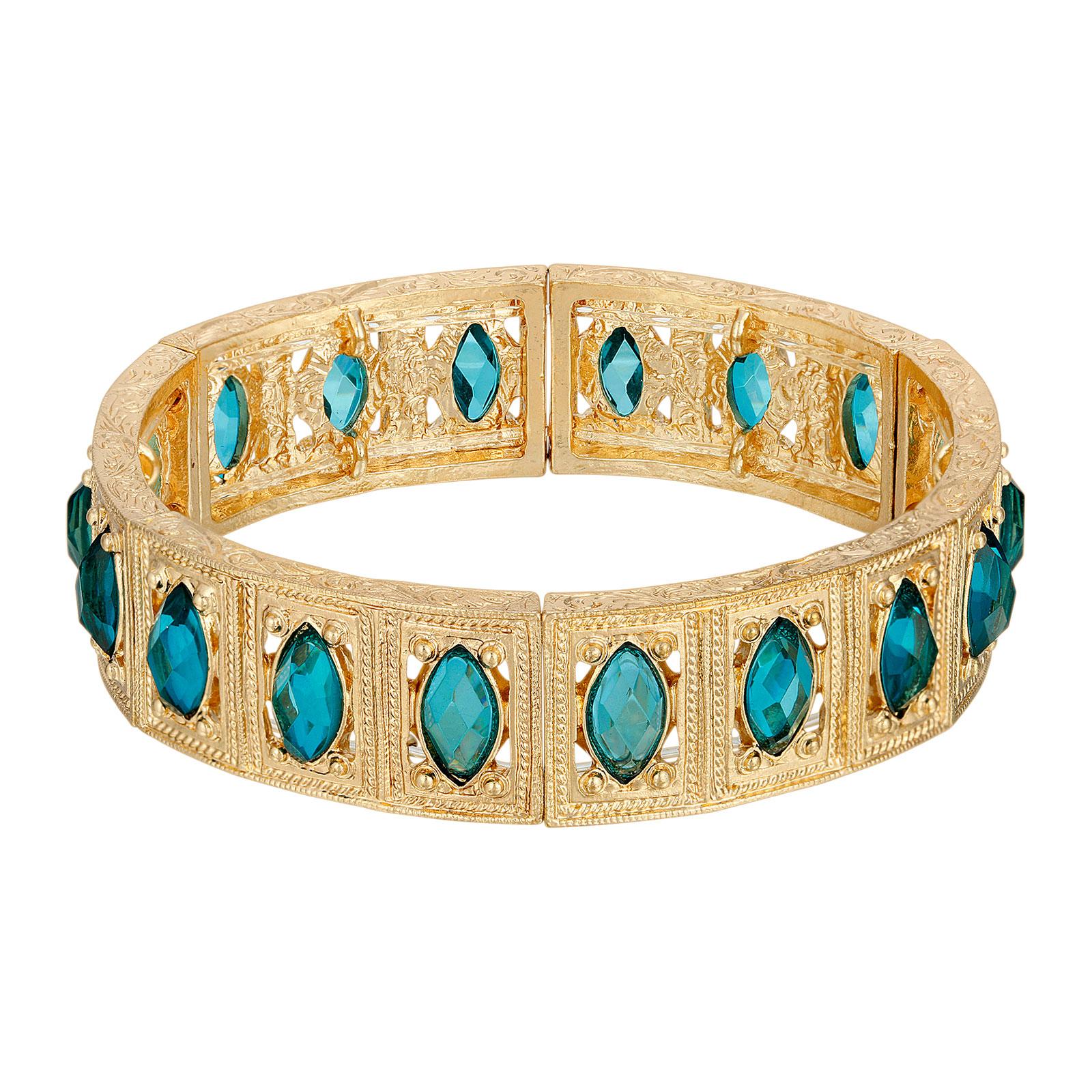 1928 Jewelry Aqua Blue Navette Stone Stretch Bracelet for Women - Vintage Inspired Adjustable Bangle for Casual Wear, Parties & Special Occasions