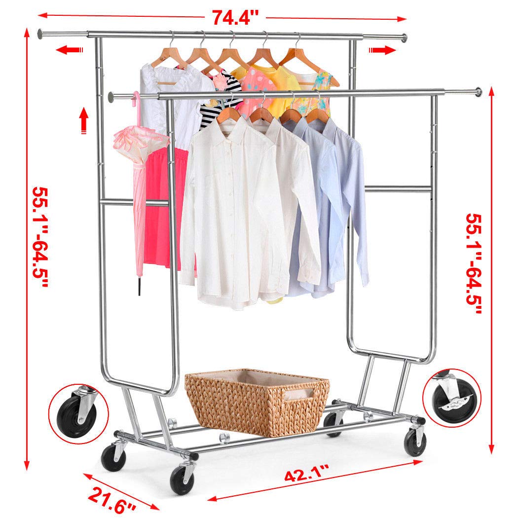 Commercial Grade Garment Rack - Heavy Duty Collapsible Rolling Double Rail Clothes Hanger for Retail Stores, Boutiques & Home Organization