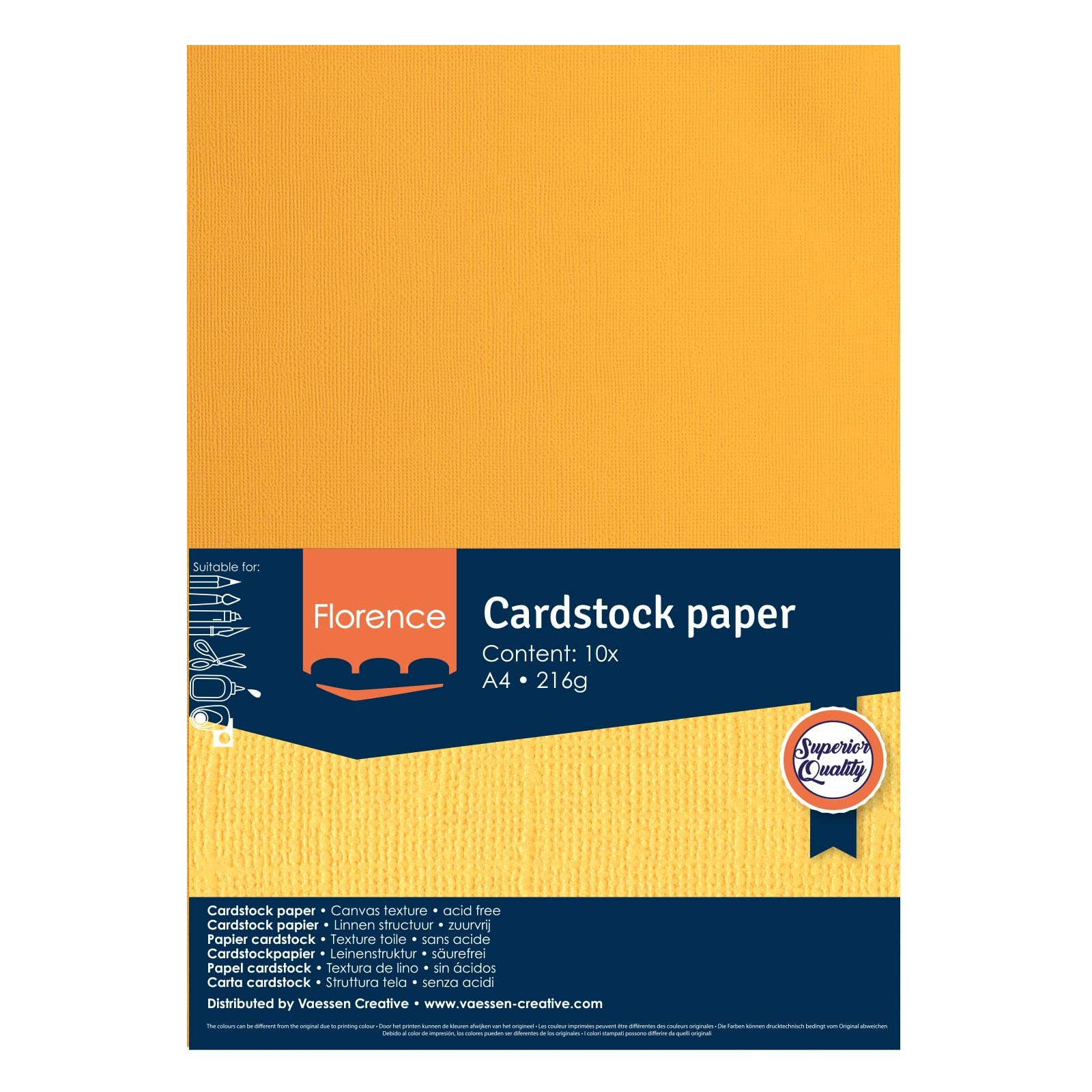 Vaessen Creative Florence Textured Cardstock - Grapefruit Yellow, 216gsm, 10 Sheets, A4 Size for Scrapbooking, Card Making, Die Cutting & Paper Crafts - Perfect for DIY Projects, Wedding Invitations & Home Decor