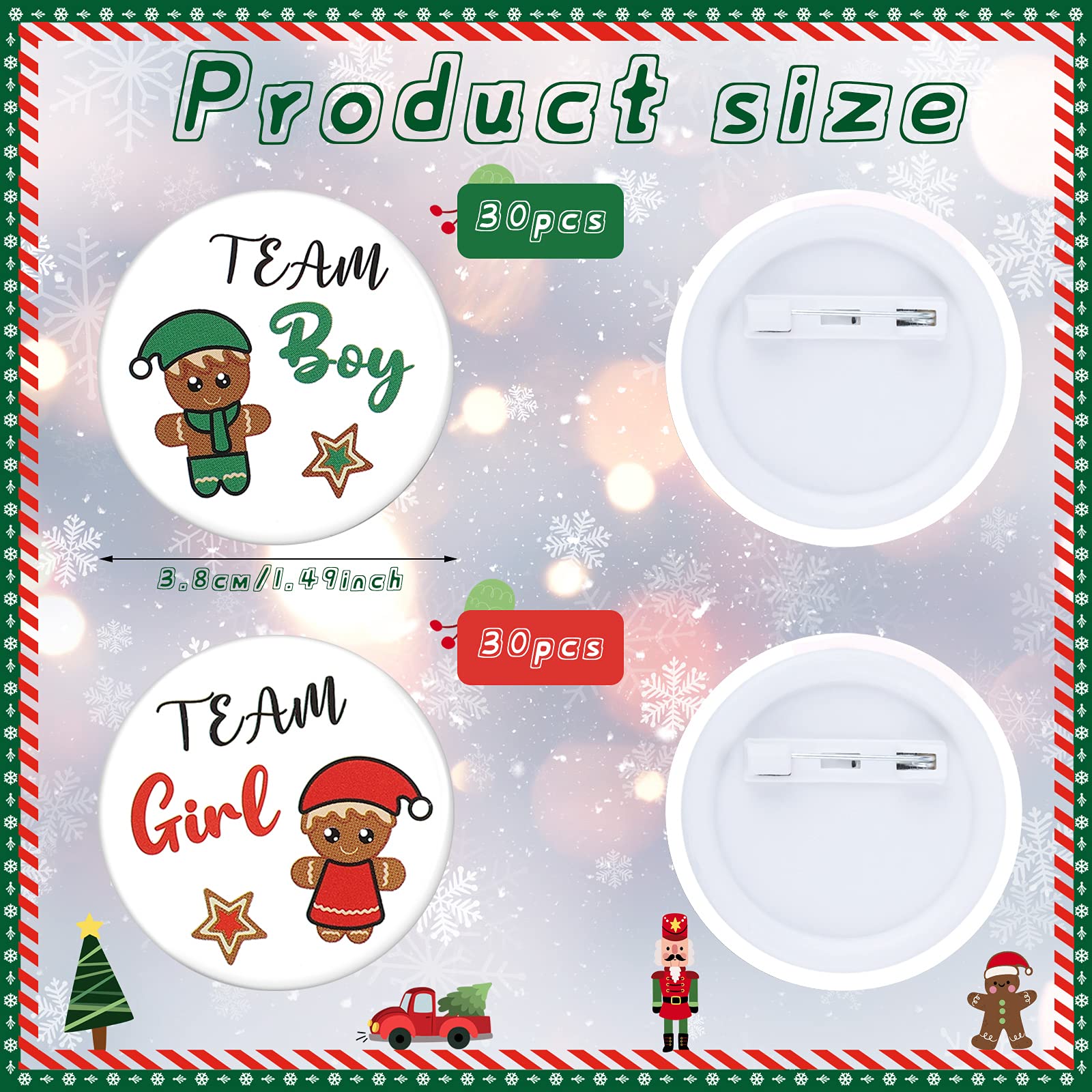 80Pcs Christmas Gingerbread Gender Reveal Pins - Boy & Girl Baby Shower Party Buttons - Holiday Gender Announcement Decor for Baby Shower, Christmas Party & Gender Reveal Events