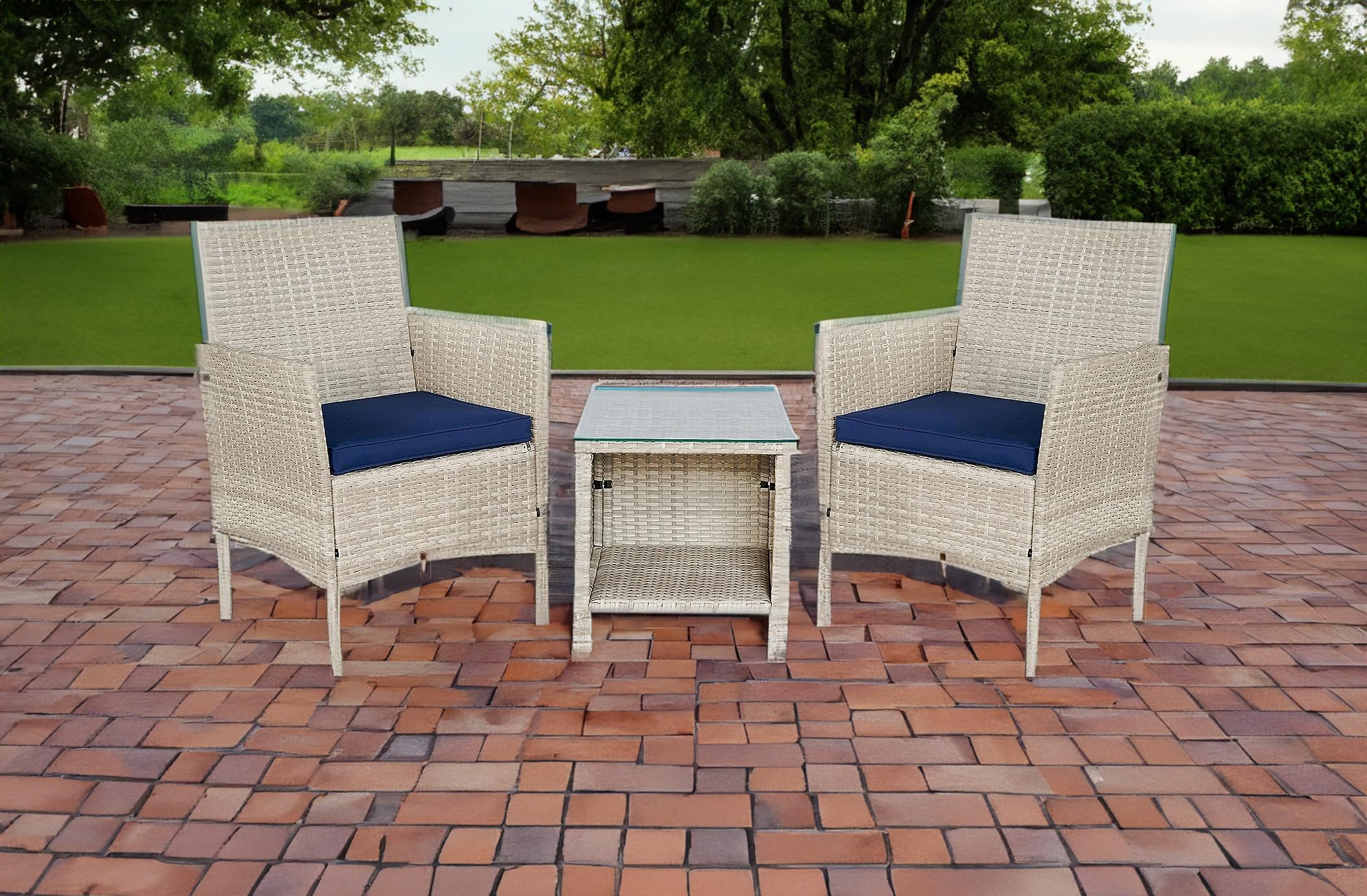 BTEXPERT 3-Piece Outdoor Wicker Bistro Set with Cushions - Patio Garden Furniture Conversation Set with Rattan Chairs & Glass Table (Stone Gray/Navy Blue) - Perfect for Small Spaces, Porch, Yard or Balcony Decor