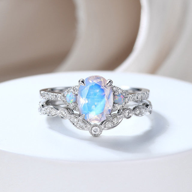 Natural Rainbow Moonstone & Moissanite Oval Bridal Engagement Ring Set - Perfect for Proposals, Weddings, and Anniversary Gifts
