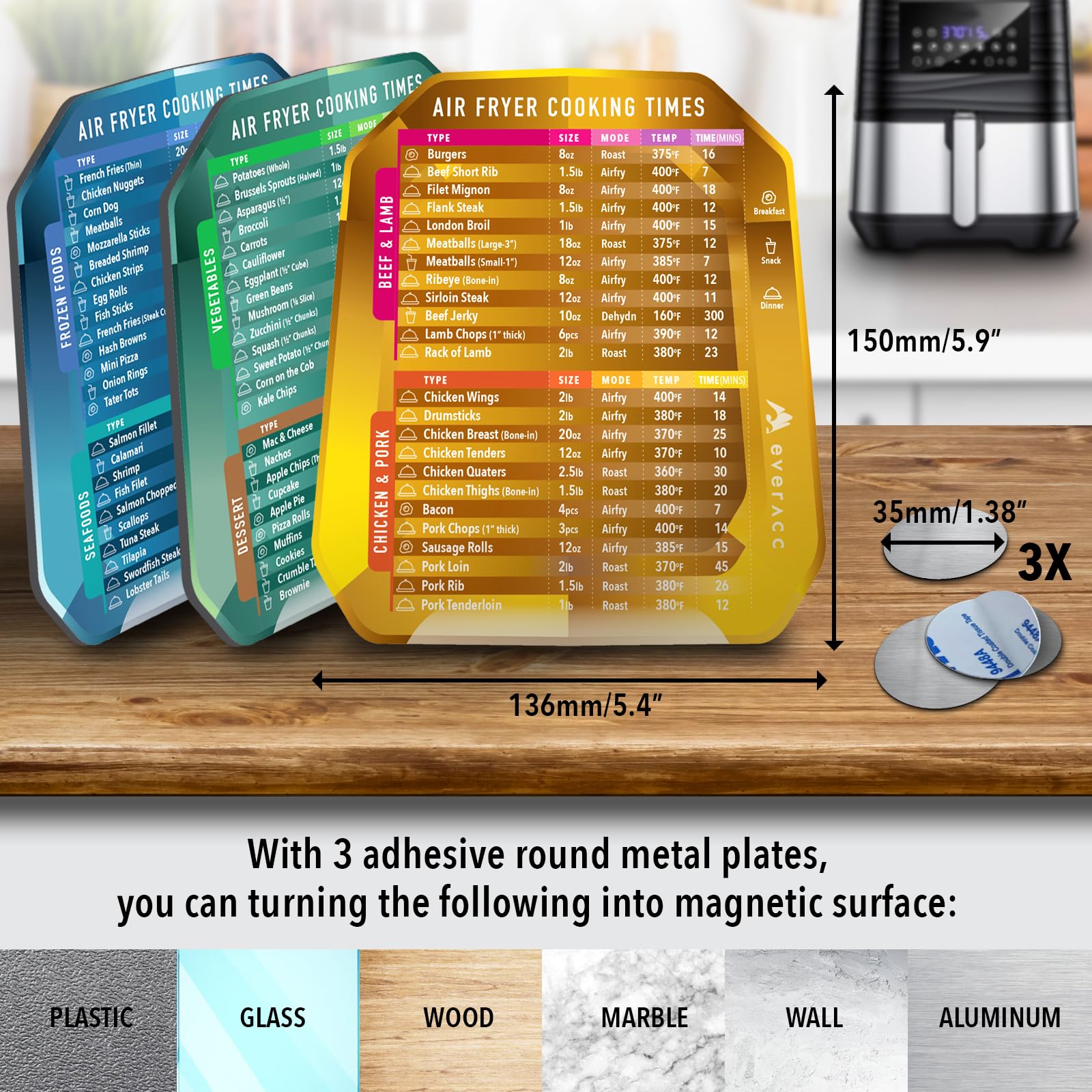 Air Fryer Magnetic Cheat Sheet Set - Cooking Times Chart & Quick Reference Guide for Instant Air Fryer Oven - Perfect Kitchen Accessories for Healthy Frying & Baking at Home