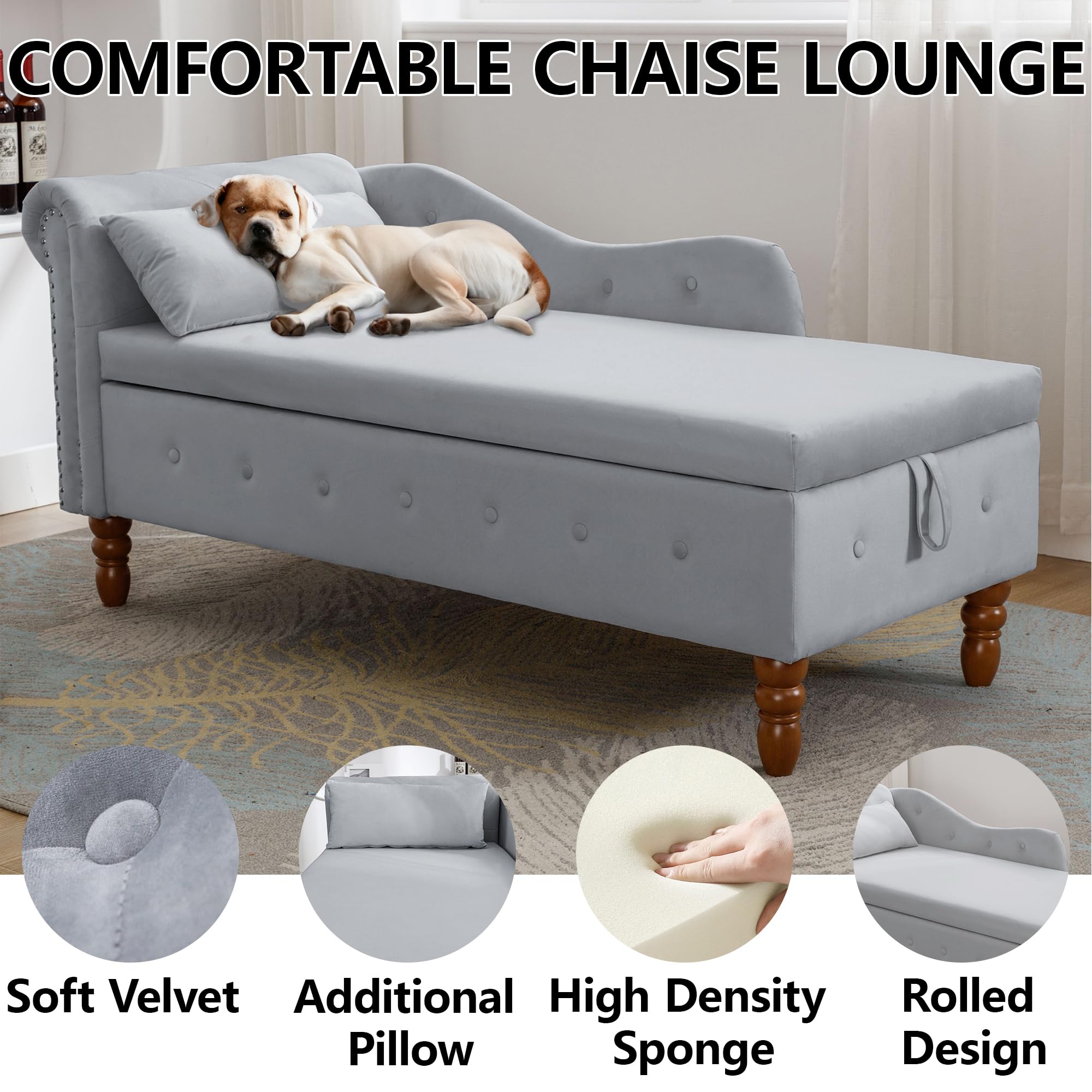 Luxury Velvet Chaise Lounge Chair with Storage - Button Tufted Upholstered Sofa with Lumbar Pillow & Rolled Arms - Modern Chaise for Living Room, Bedroom, Office - Grey - Perfect for Relaxing, Reading & Small Space Decor