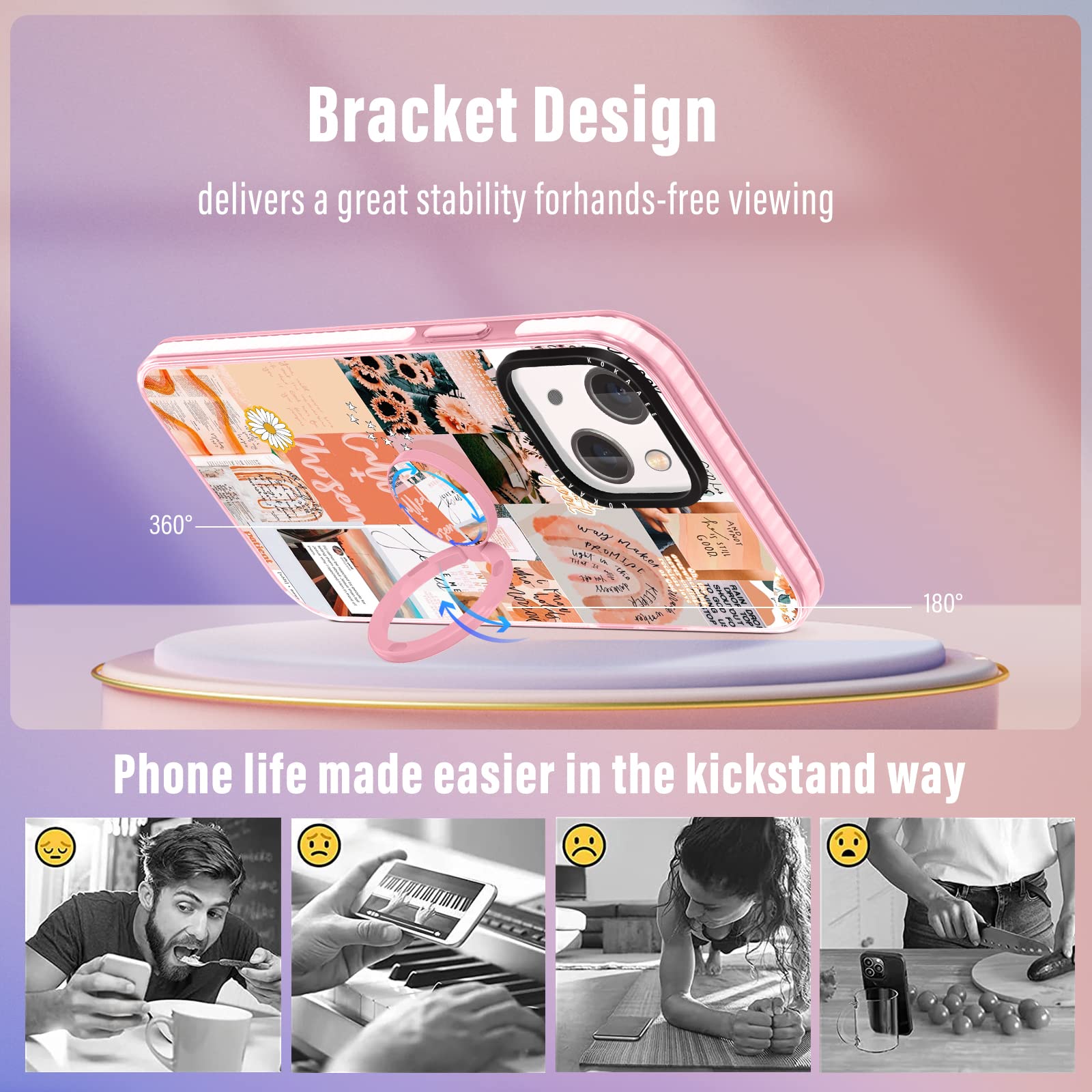 2 in 1 iPhone 14 Plus Case with Ring Holder - Trendy Aesthetic Collage Design, Soft TPU Bumper Cover for Women & Girls, Cute Quotes & Good Vibes Art (6.7
