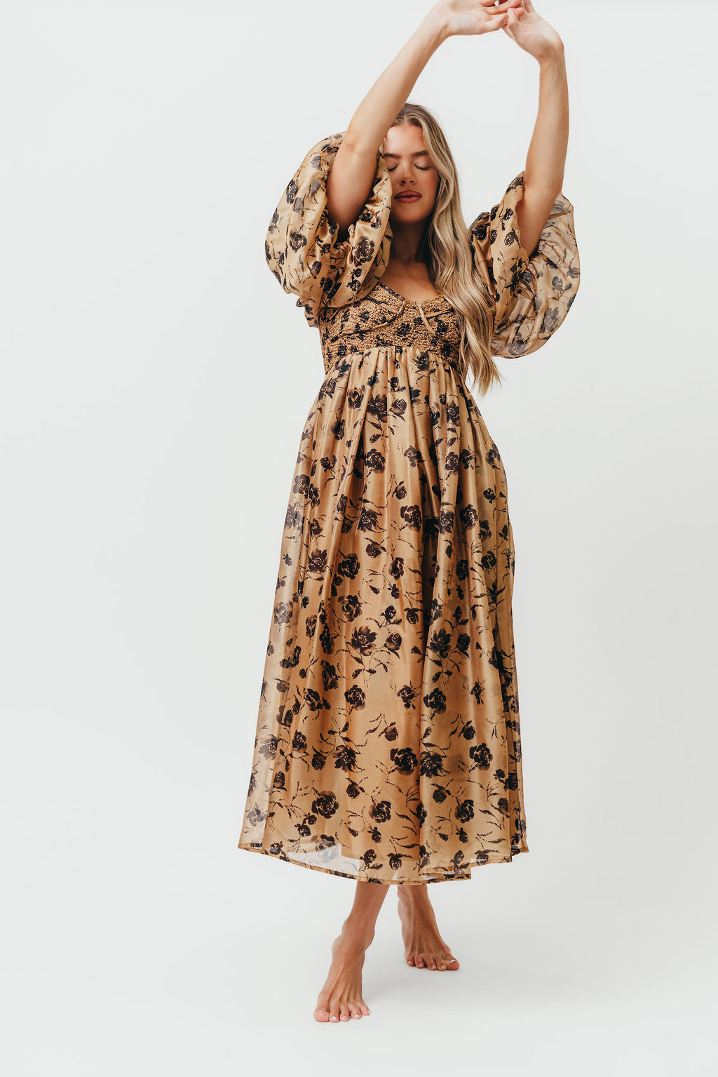 Harlow Camel & Black Floral Maxi Dress with Stretchy Neckline - Bump Friendly Maternity Dress for Women | Perfect for Pregnancy, Special Occasions & Everyday Wear (Restocking Early Fall)