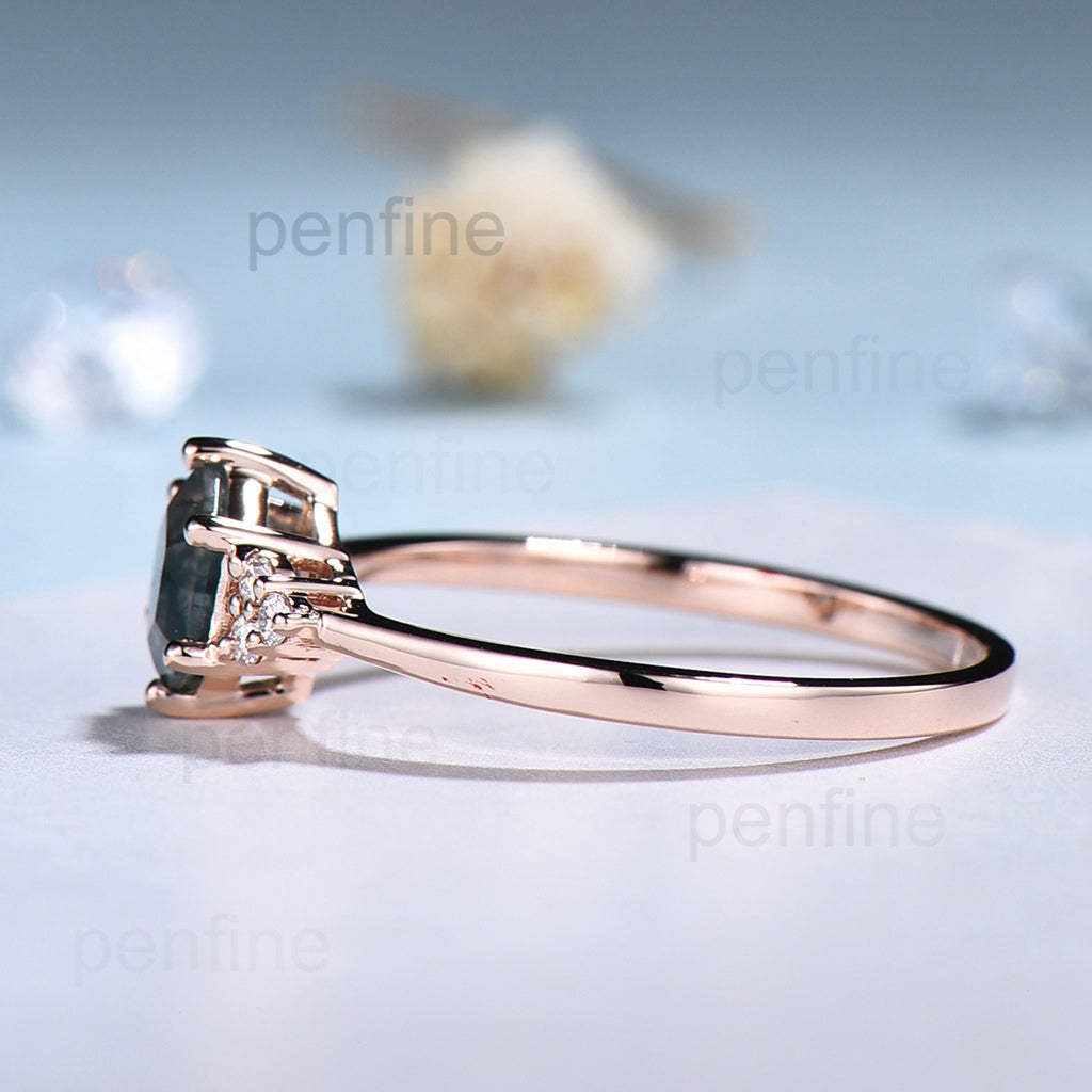 Hexagon Moss Agate Engagement Ring - 14K Gold Moissanite Cluster Wedding Band for Women - Unique Anniversary & Bridal Promise Ring - Perfect for Proposals, Weddings & Romantic Gifts