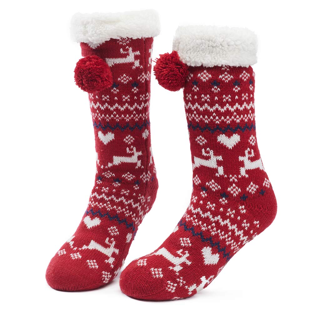Women's Knit Christmas Sherpa Slipper Socks - Warm Fleece Booties for Winter Home Comfort