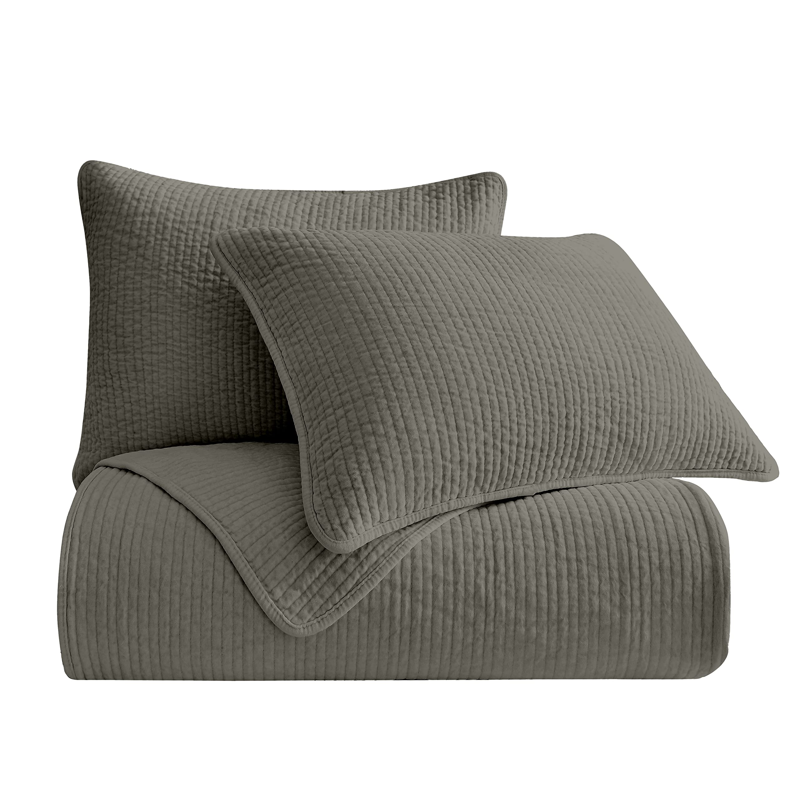 Premium Stonewashed Cotton Velvet 3-Piece King Size Quilt Set with Pillow Shams - Soft Lightweight Gray Solid Bedding for Cozy Nights | Classic Traditional Bed Cover for Master Bedroom or Guest Room Decor