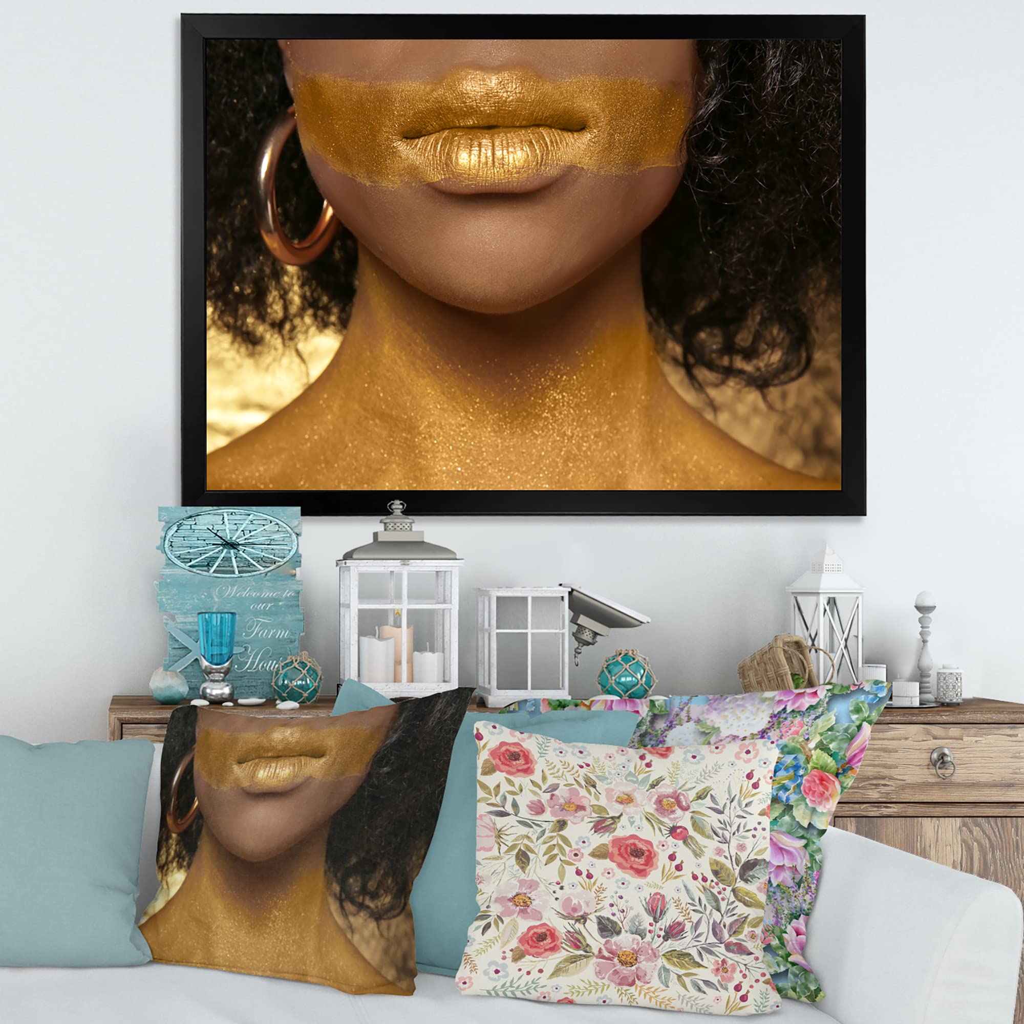 African American Woman Body Art with Gold Paint - Modern Framed Wall Decor for Living Room, Bedroom & Office