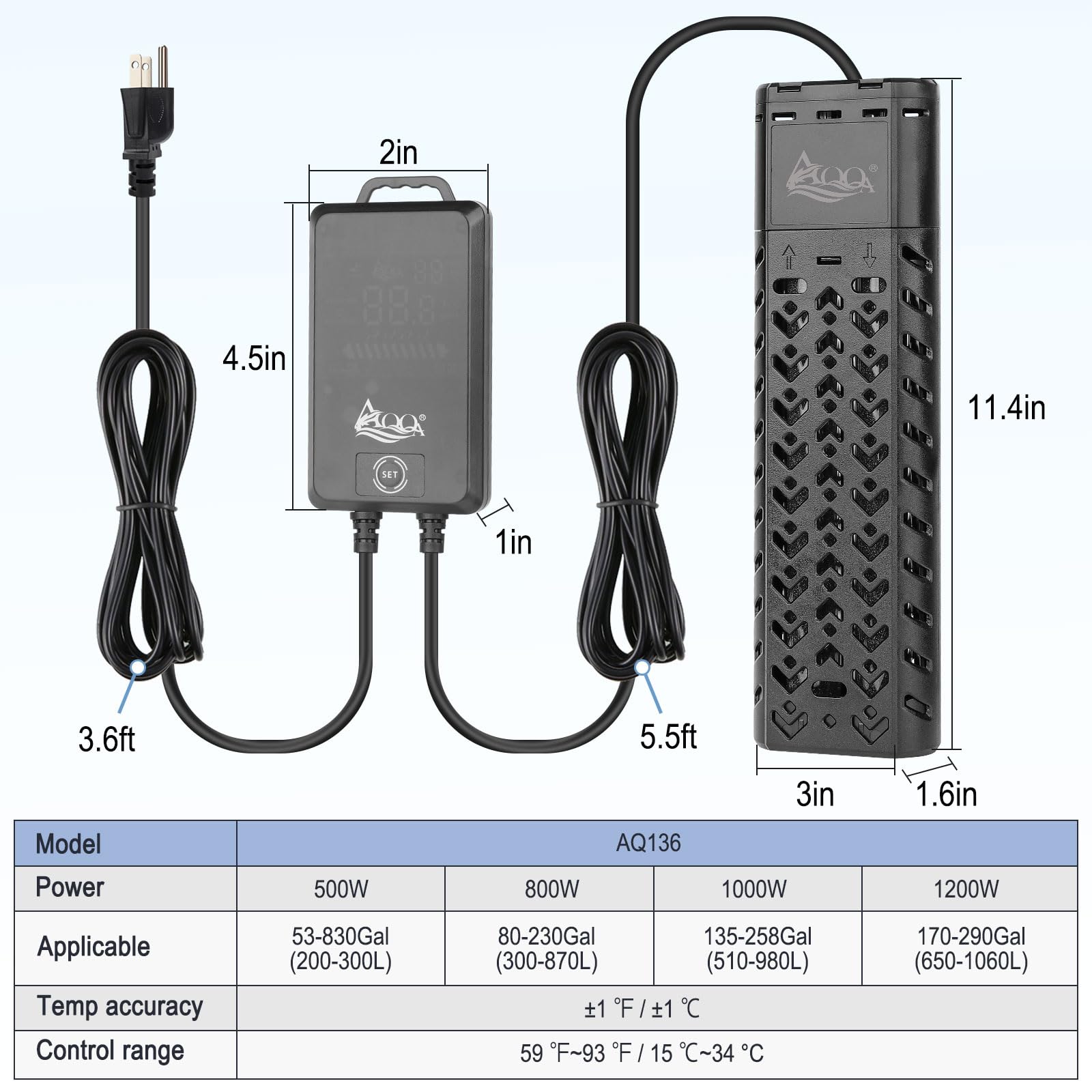AQQA 1200W Submersible Aquarium Heater for 170-290 Gallon Fish Tanks & Ponds - Thermostat Controlled with Intelligent Protection System for Freshwater & Saltwater (AQ136-1200W) - Perfect for Large Home Aquariums, Koi Ponds & Marine Tanks